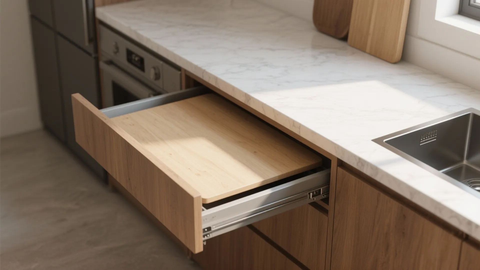 Modern kitchen wooden drawer pulled out showing a built-in wooden cutting board and marble countertop
