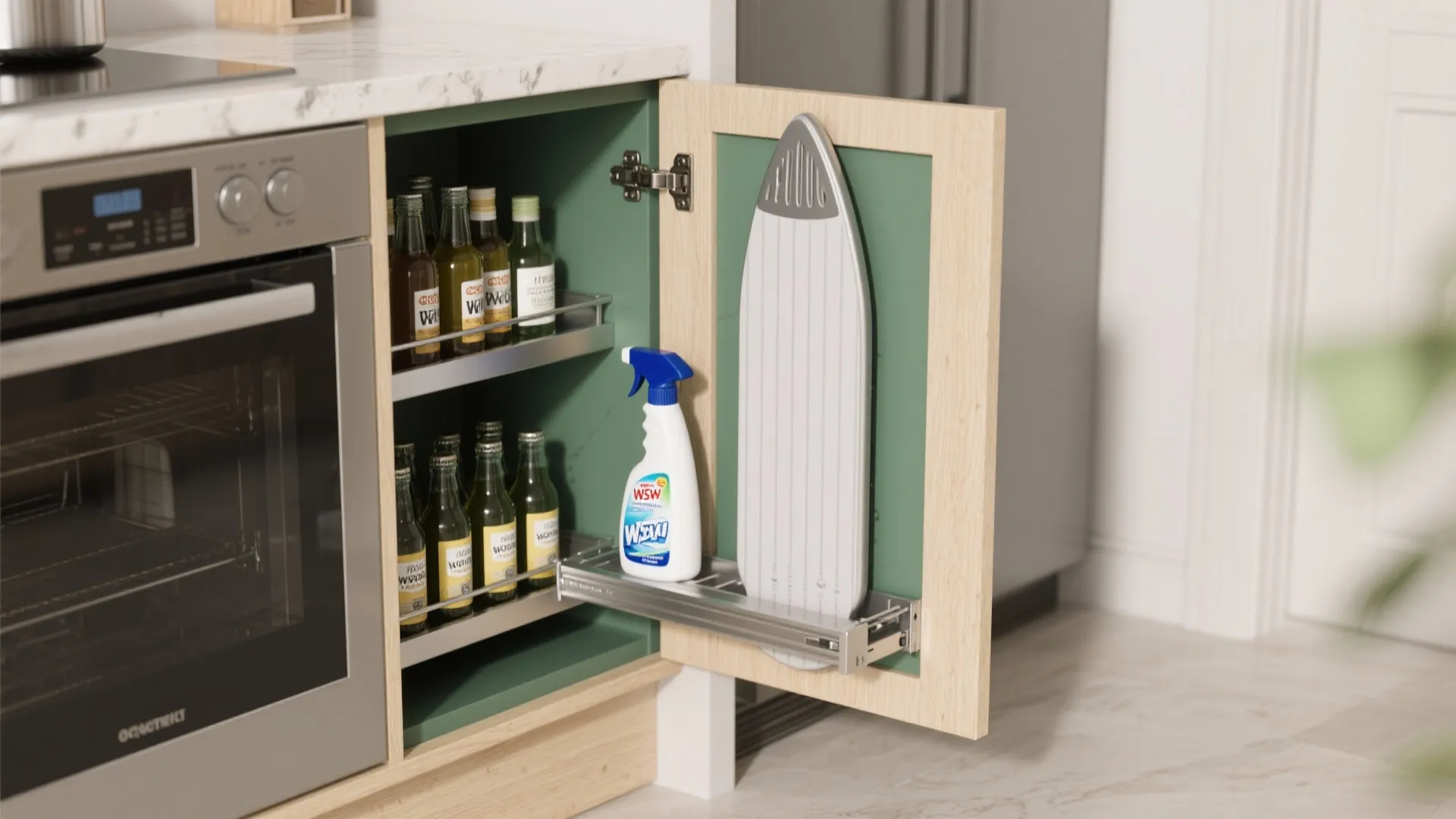 Open kitchen cabinet showing glass bottles next to small white ironing board and spray bottle