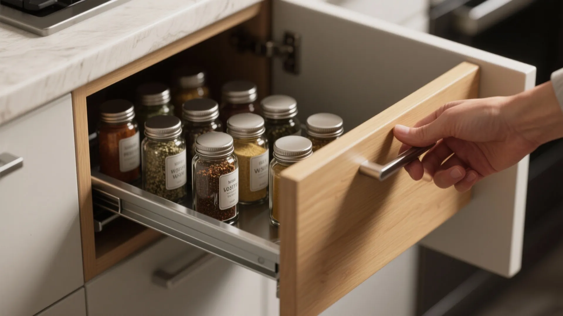 Hand pulling out a wooden kitchen drawer filled with small glass spice jars with silver lids