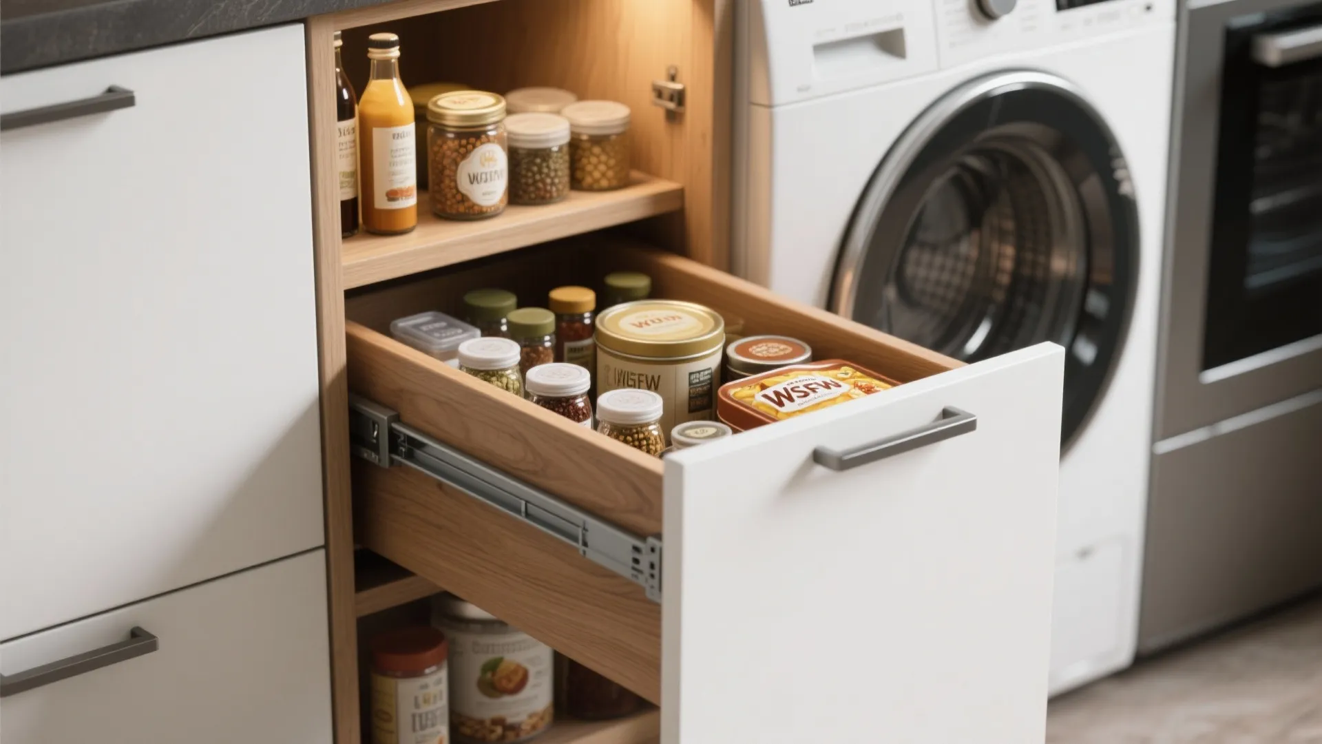 White kitchen cabinet with open wooden drawer filled with spice jars next to washing machine