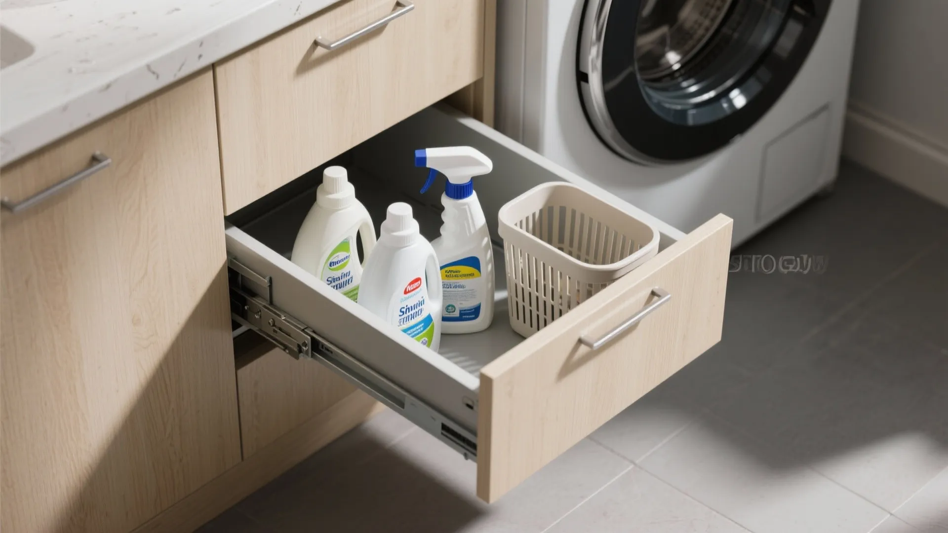 2. Slim Pull-Out Pantry for Detergents and Baskets