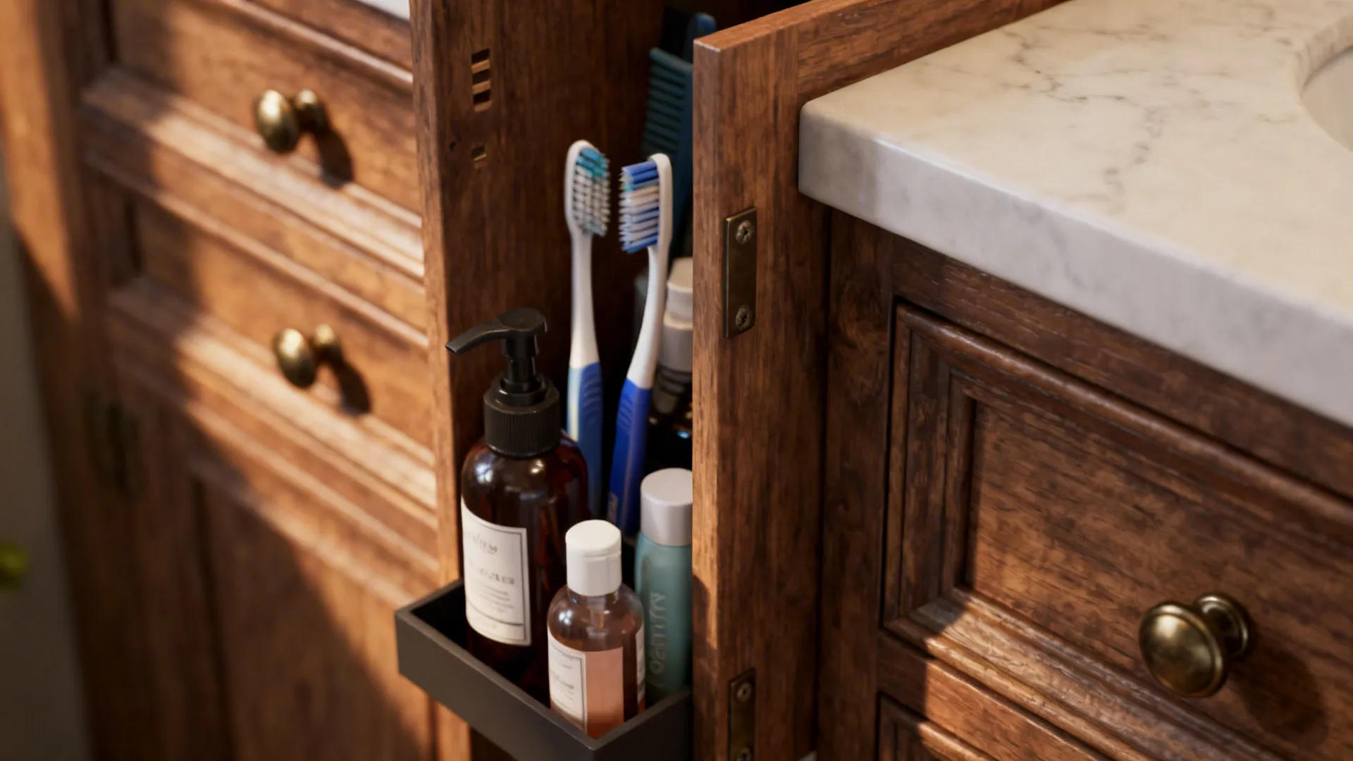 Open slim wood cabinet storage showing toothbrushes and soap bottles inside a classic bathroom design