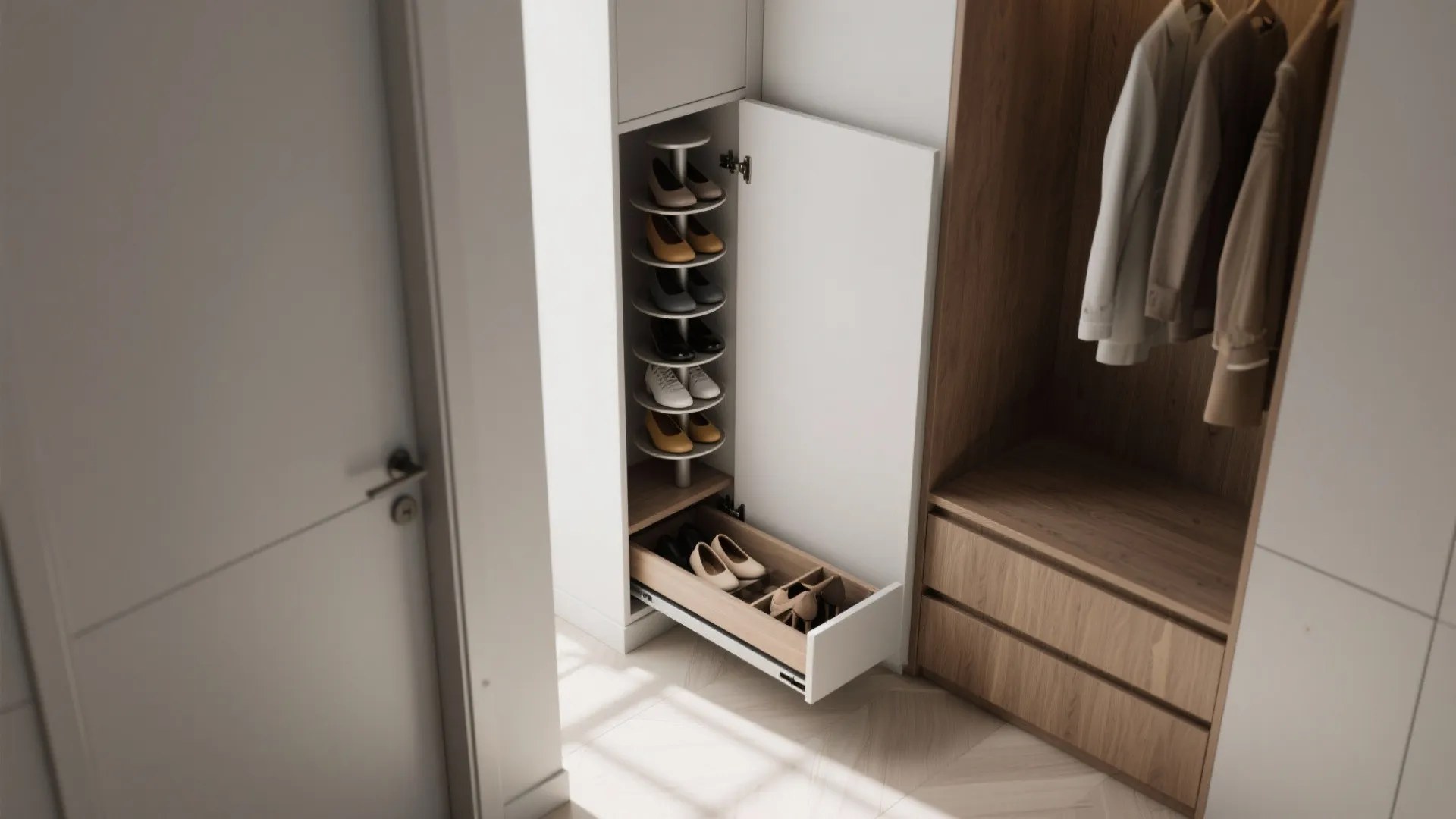 Slim white pull out cabinet with rotating shelves and bottom drawer for efficient shoe storage organization