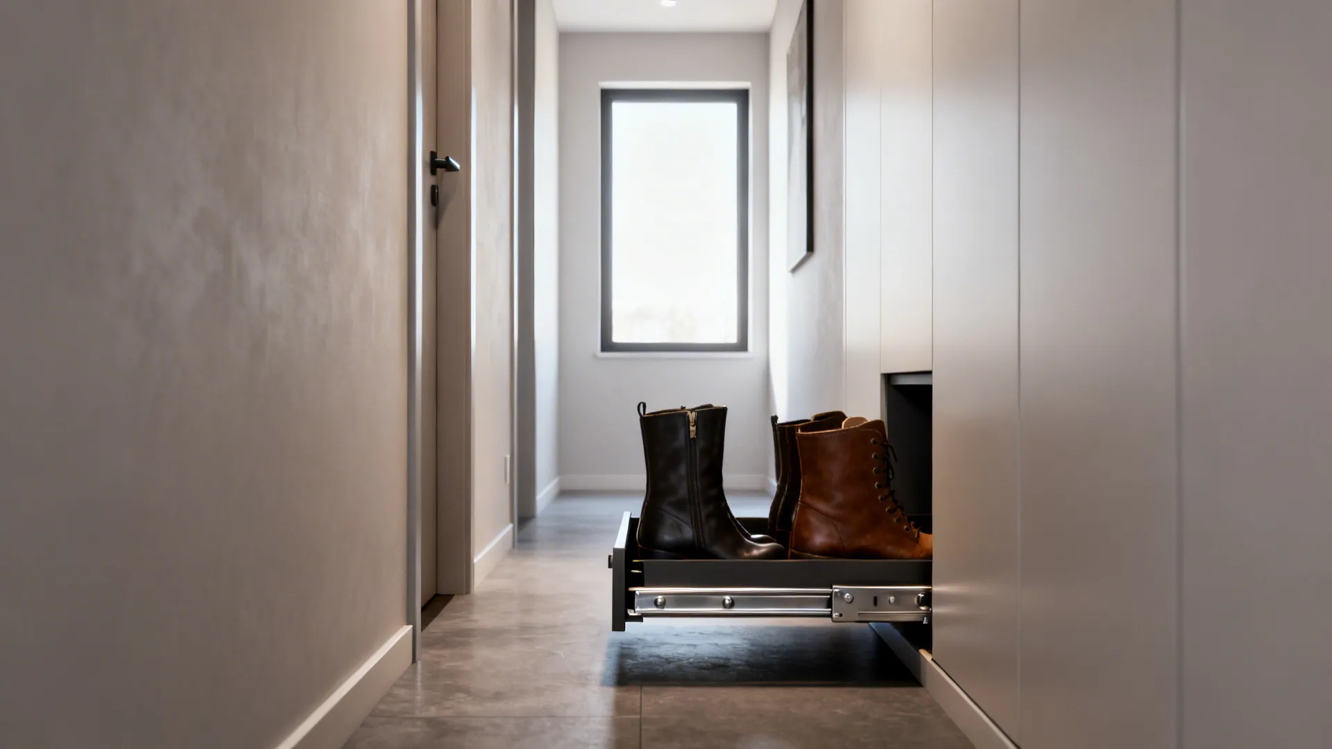Narrow hallway with a slim pull-out shoe cabinet holding upright pairs of shoes.