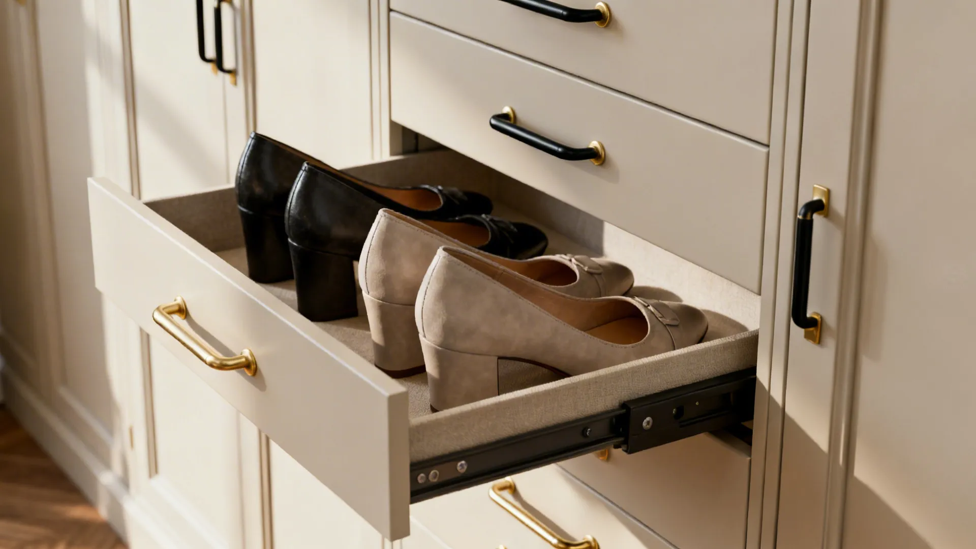 Slim cabinet with angled pull-out trays showing neatly arranged shoes and hardware detail.
