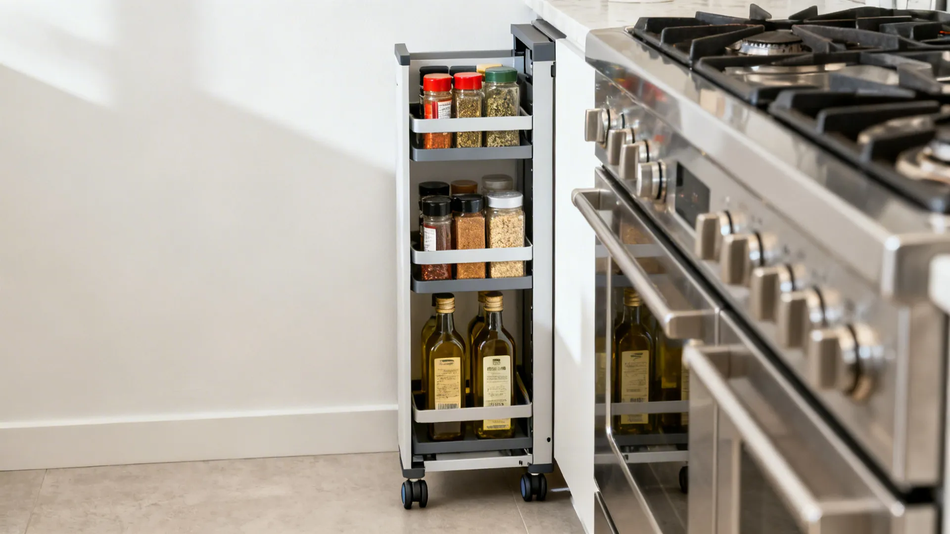 Slim pull-out kitchen cart holding spices and oils in a narrow gap by the stove.