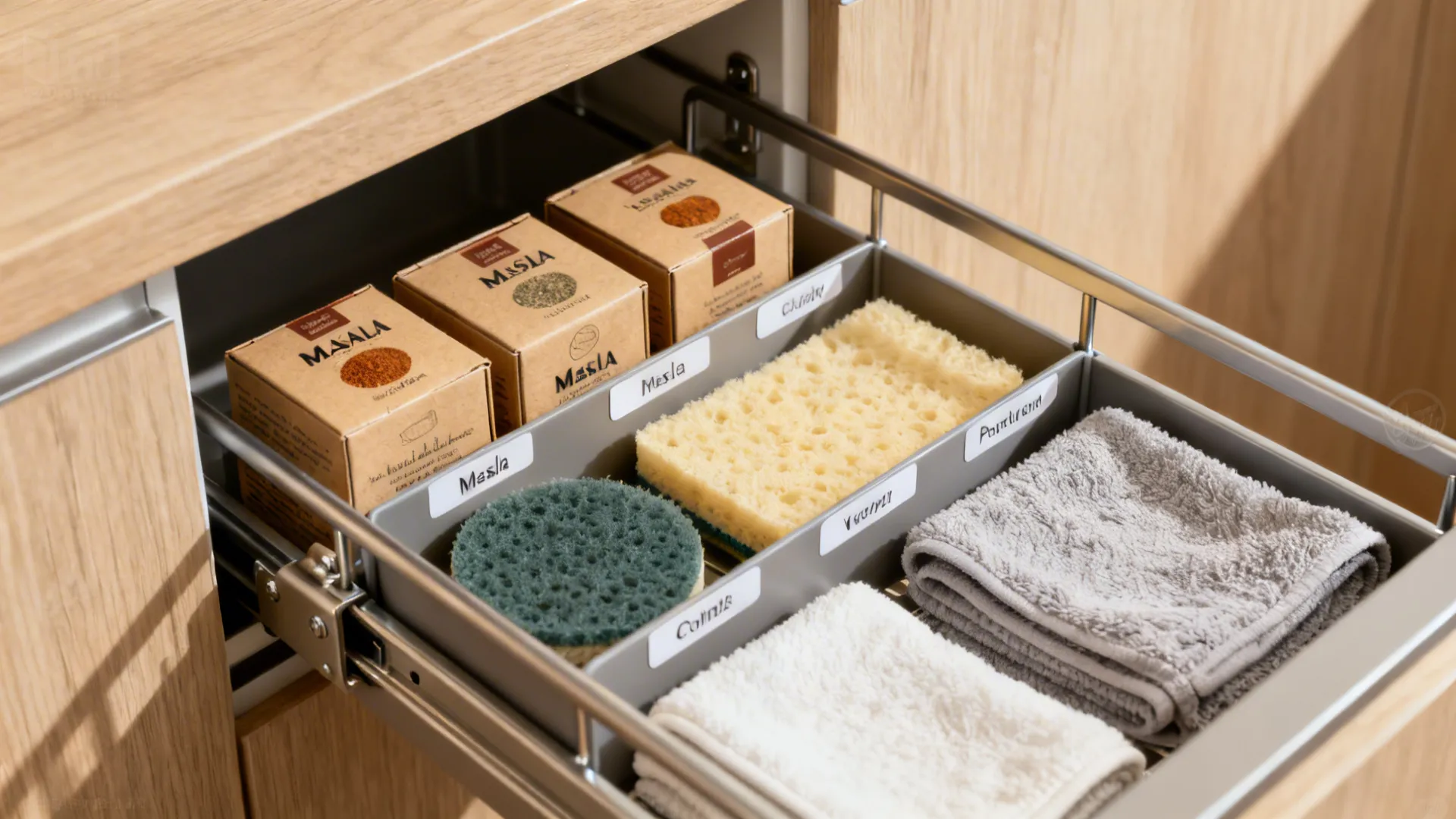 Close-up of a slim pull-out with labeled masala boxes and cleaning accessories in a small kitchen.