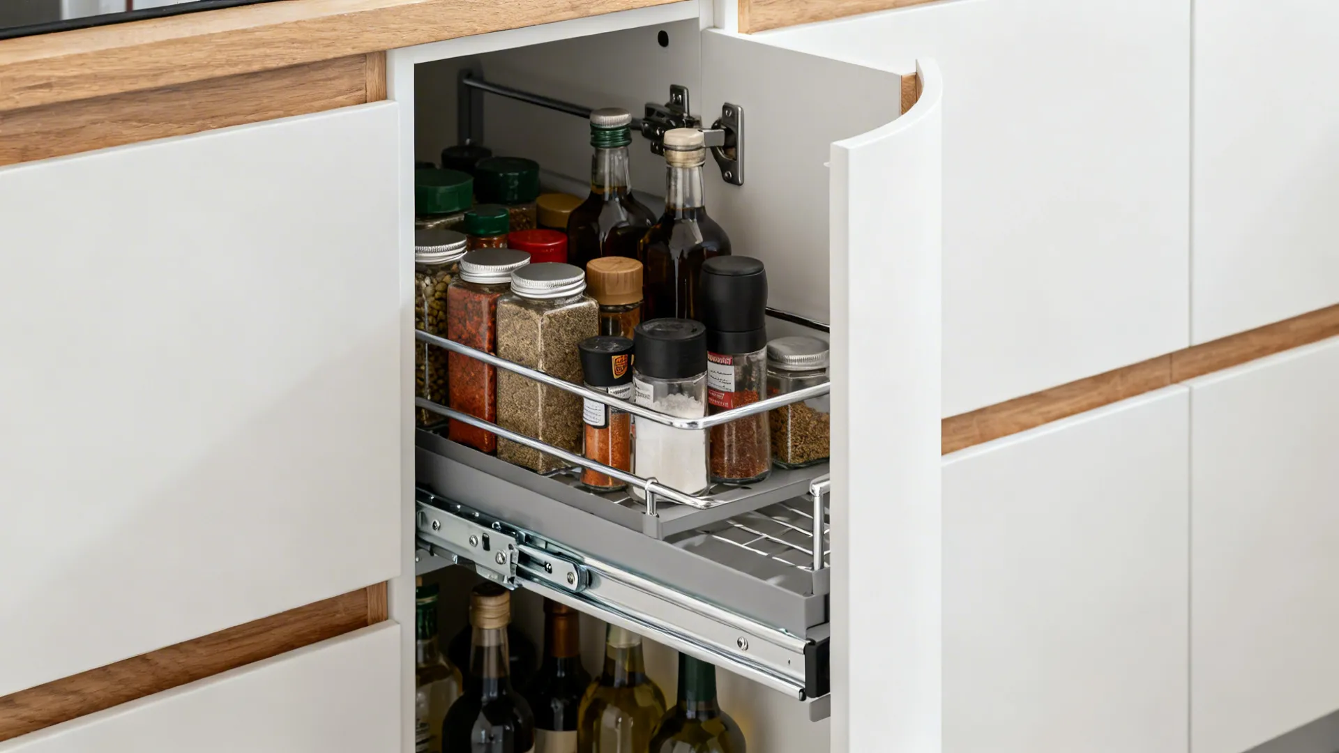 Macro of a slim tall pull-out pantry with adjustable rails and full-extension slides.