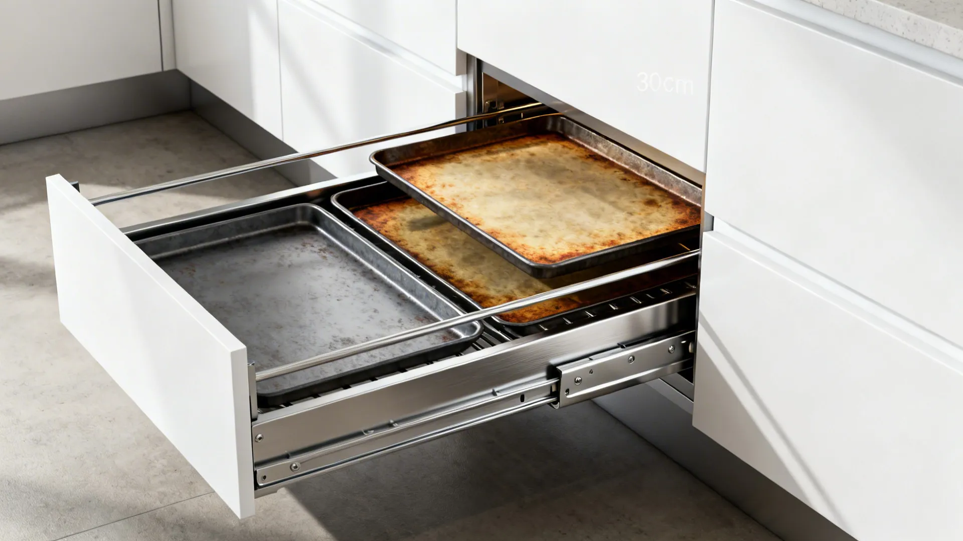 Close-up of a 30 cm pull-out organizer for trays with smooth hardware runners.
