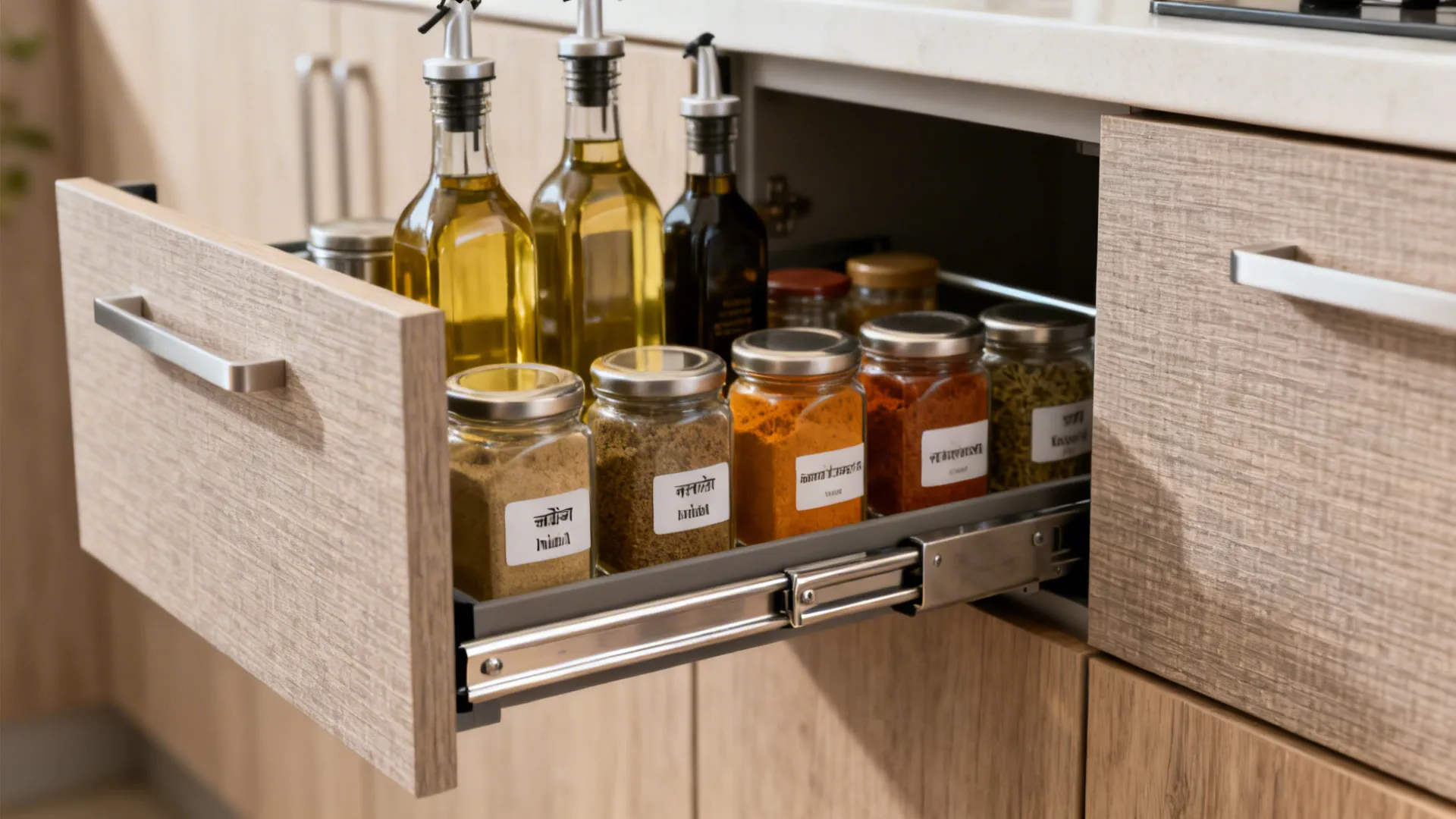 Macro view of a slim kitchen pull-out with oil bottles and masala jars.
