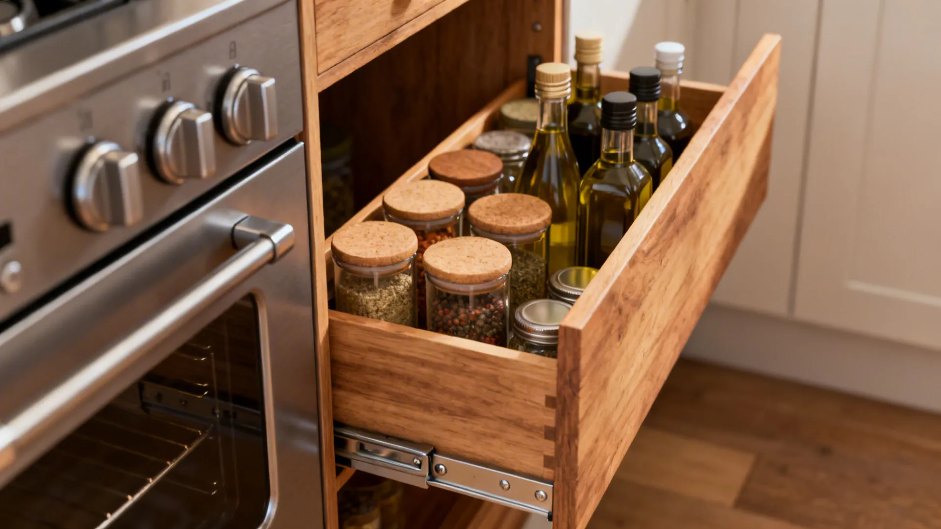 Slim pull-out pantry beside an oven with organized spice jars and quality hardware.