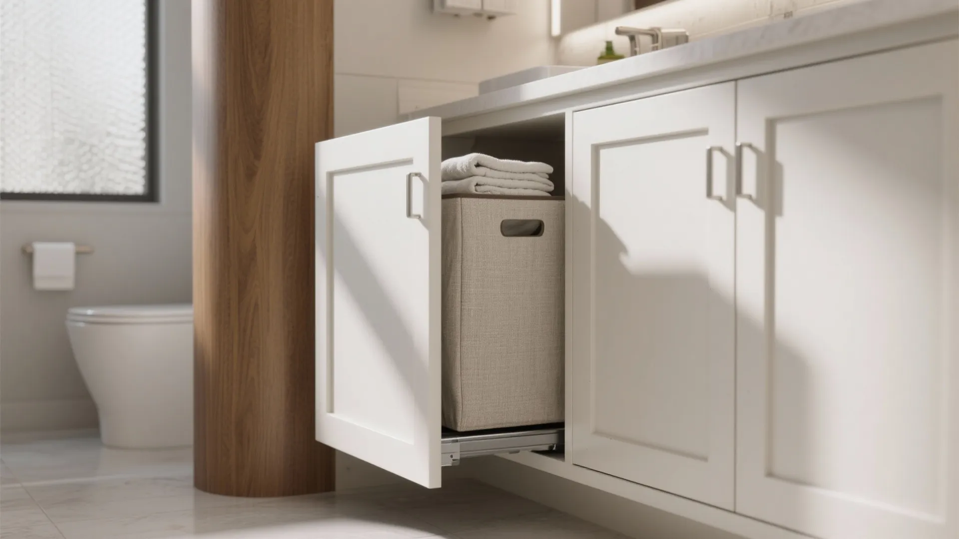 1. Slim pull-out hamper in a vanity column