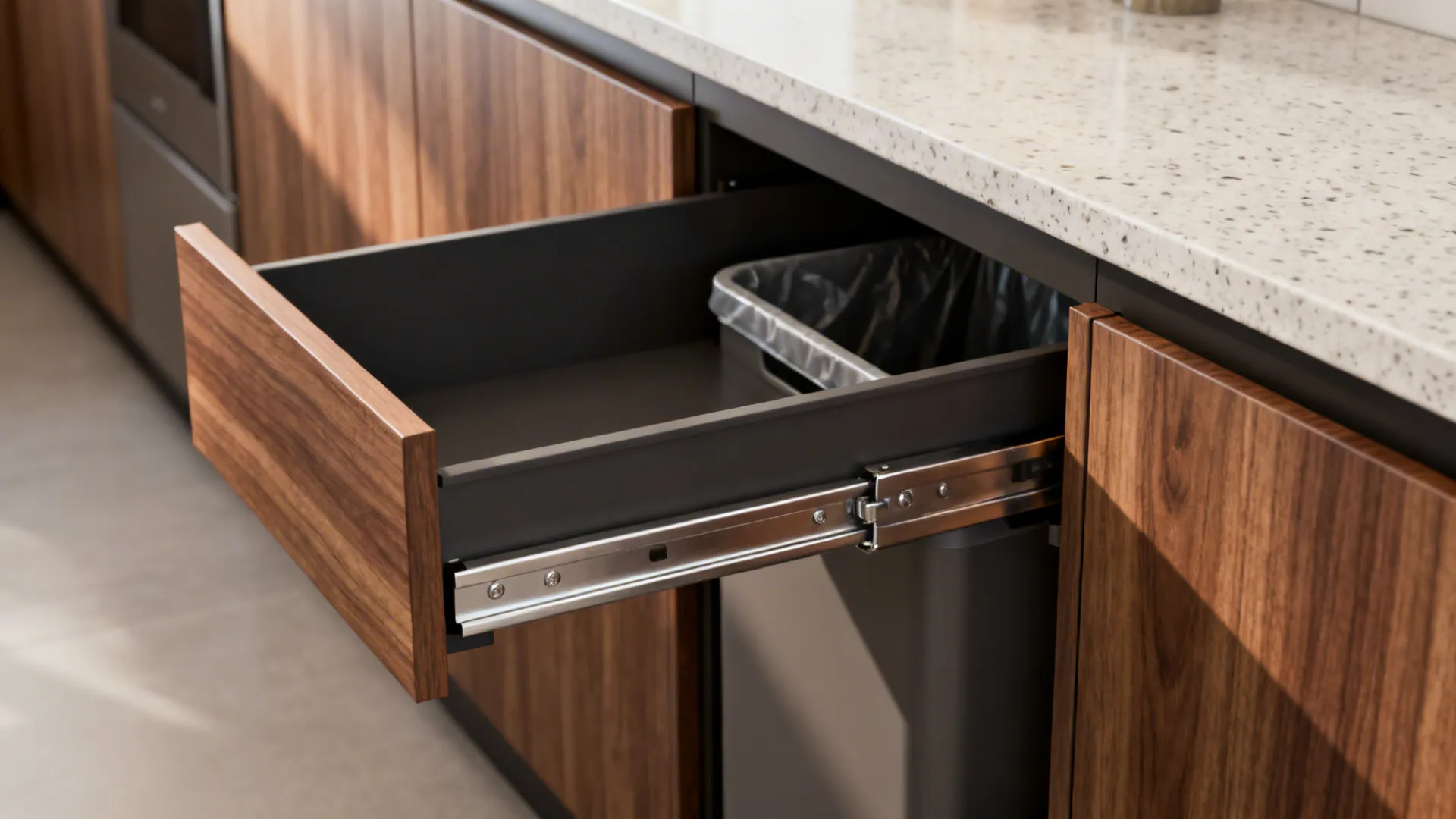 Slim pull-out island extended in a galley kitchen showing sliding prep surface and hidden storage