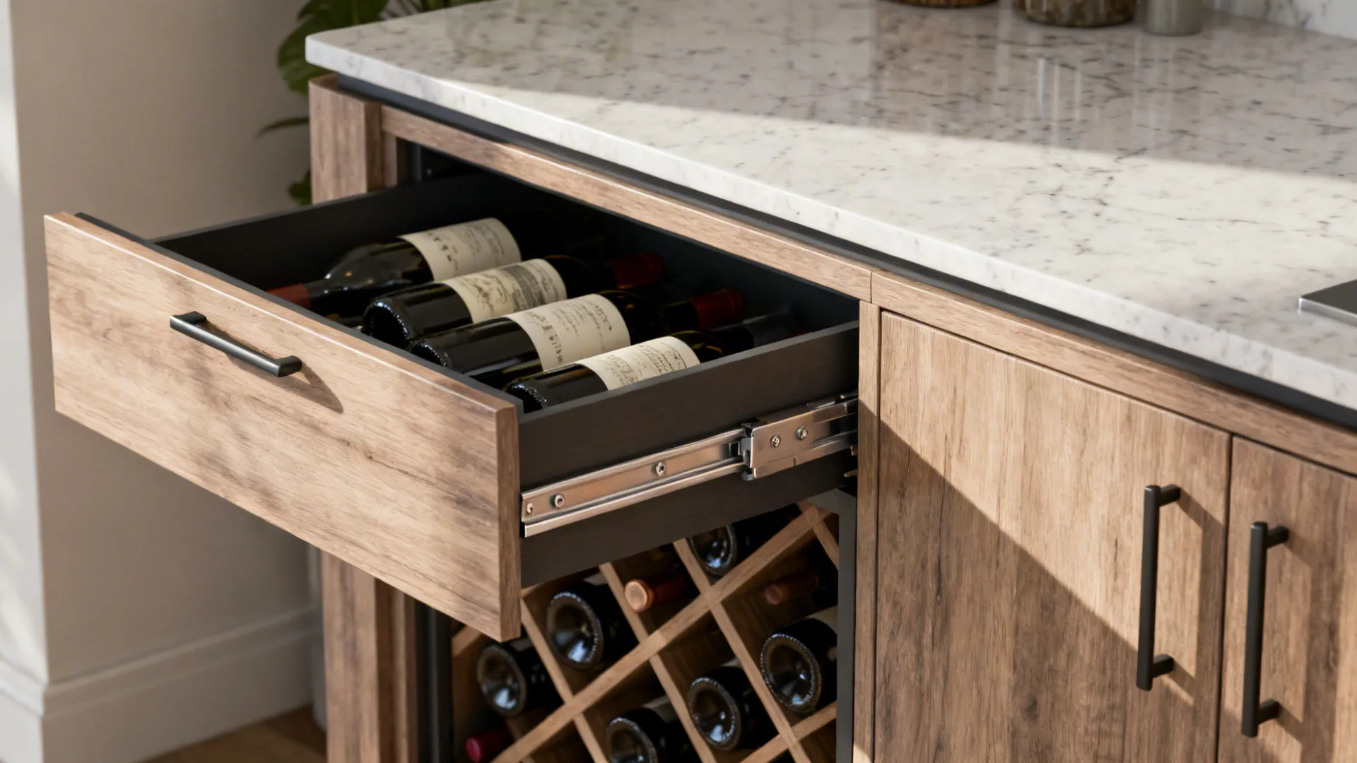 Slim pull-out island module extended from cabinetry with a hidden wine rack and quartz surface.