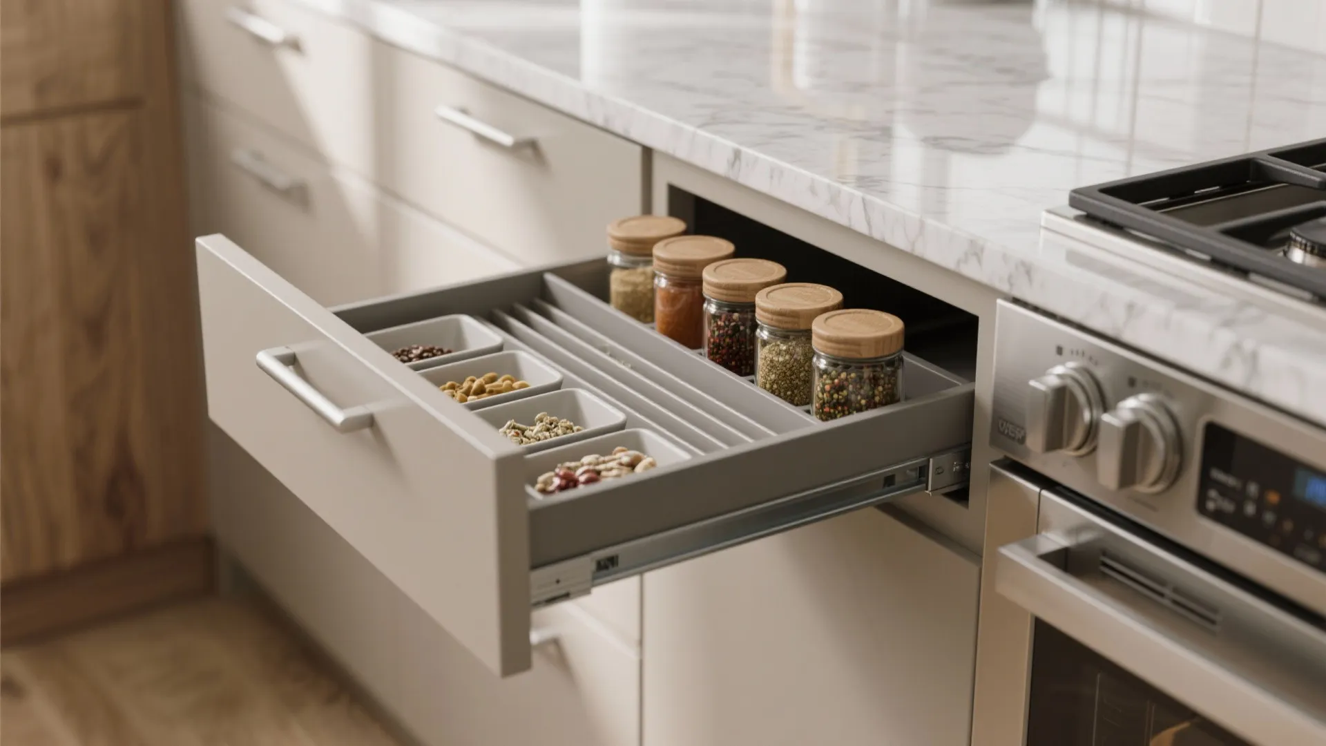 Macro view of a slim spice pull-out with tray dividers beside the cooktop in a matte cabinet