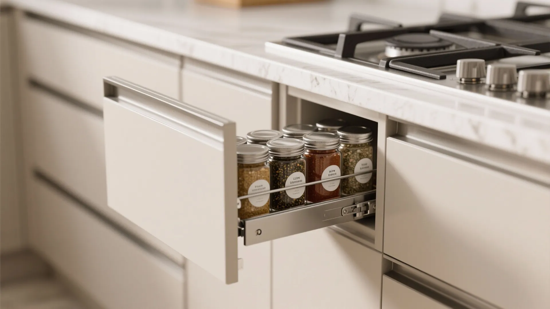Modern white kitchen cabinet with slim pullout drawer holding glass spice jars near gas stove