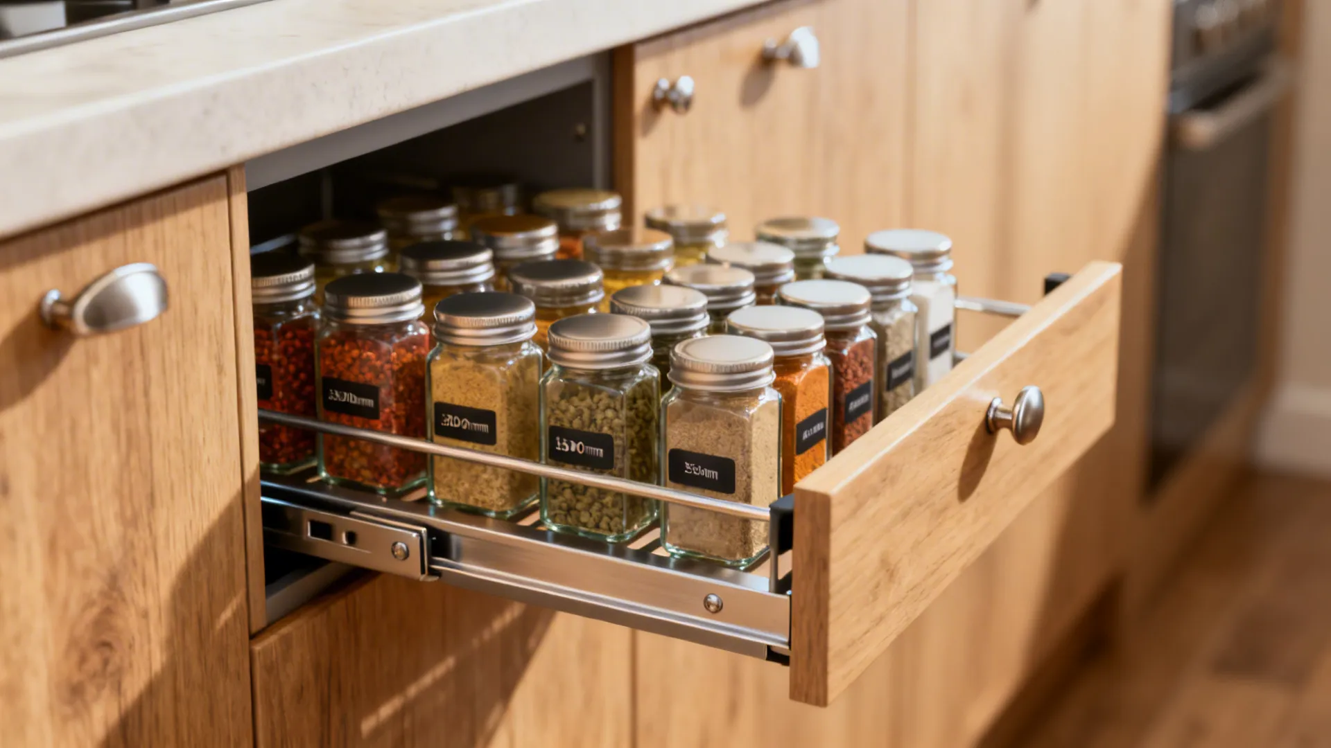 Macro view of a slim pull-out spice rack with standardized jars.