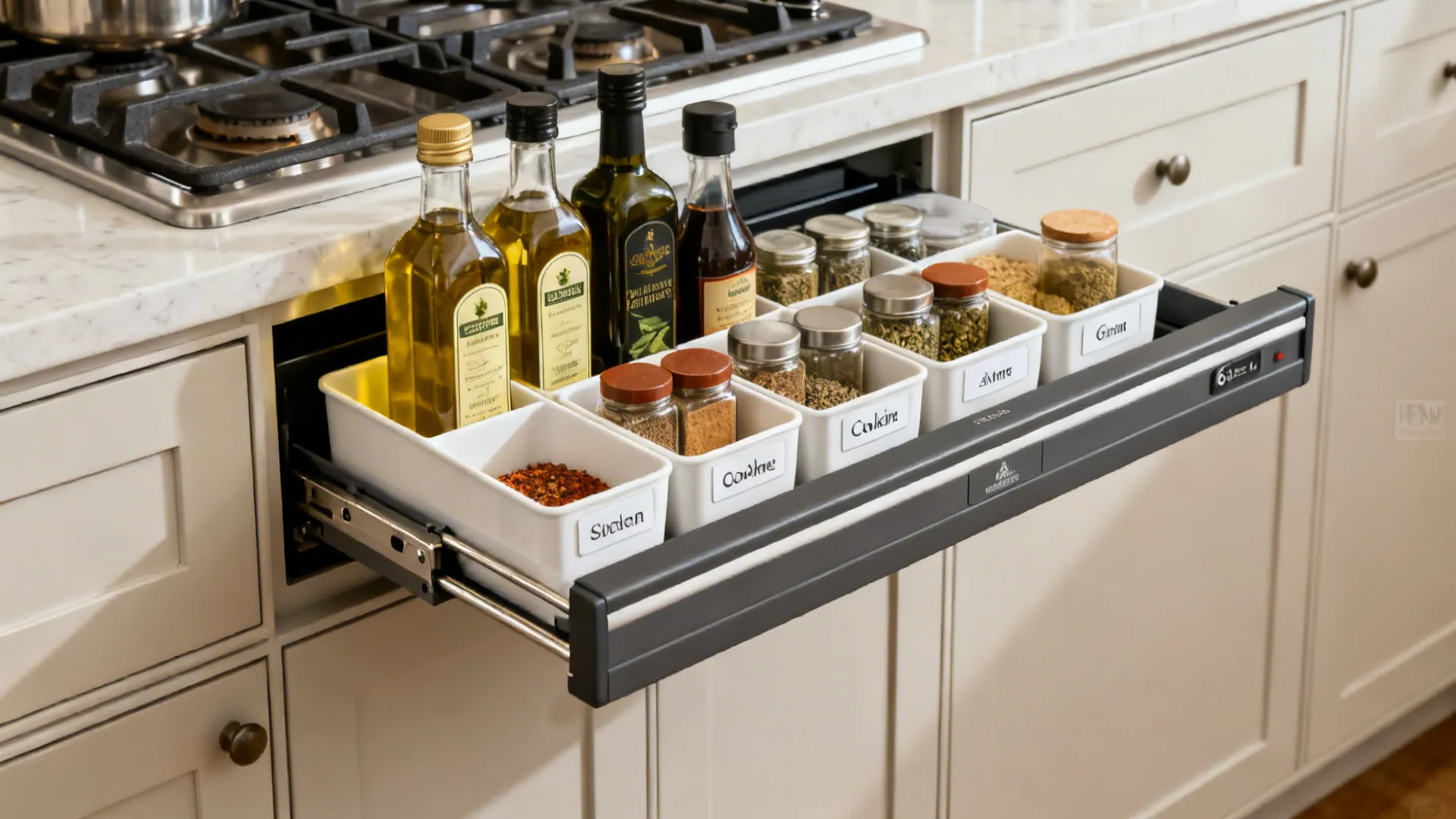Macro of a 6-inch kitchen pull-out with oils and spices on smooth, soft-close hardware.