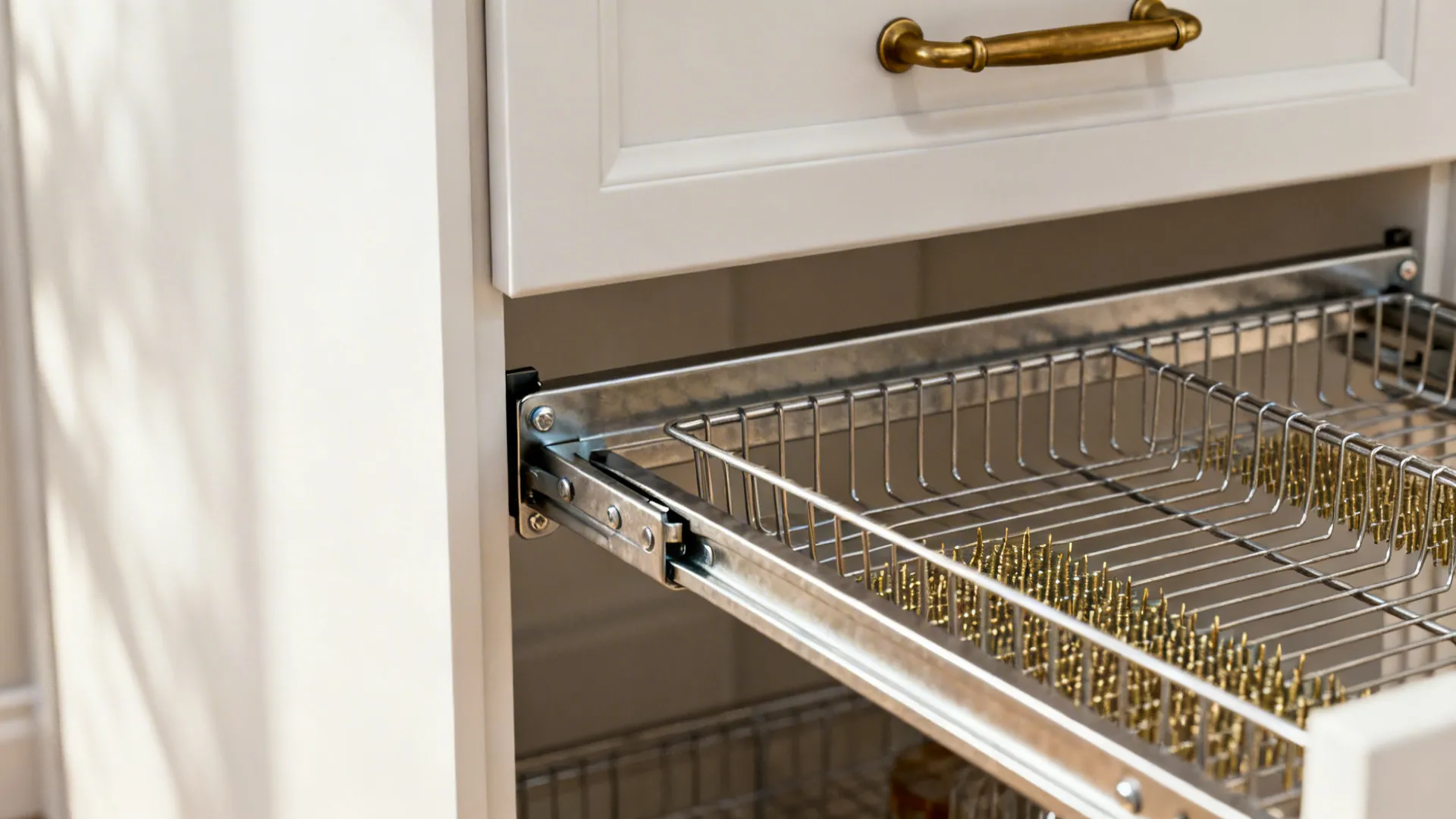 Macro view of a slim pull-out pantry on full-extension slides with organized staples.