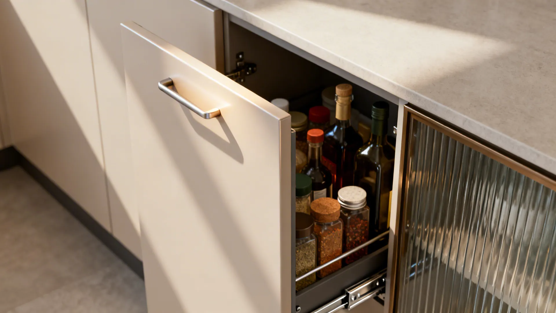 Macro of a slim pull-out pantry with satin cabinetry and ribbed-glass detail in a small kitchen.