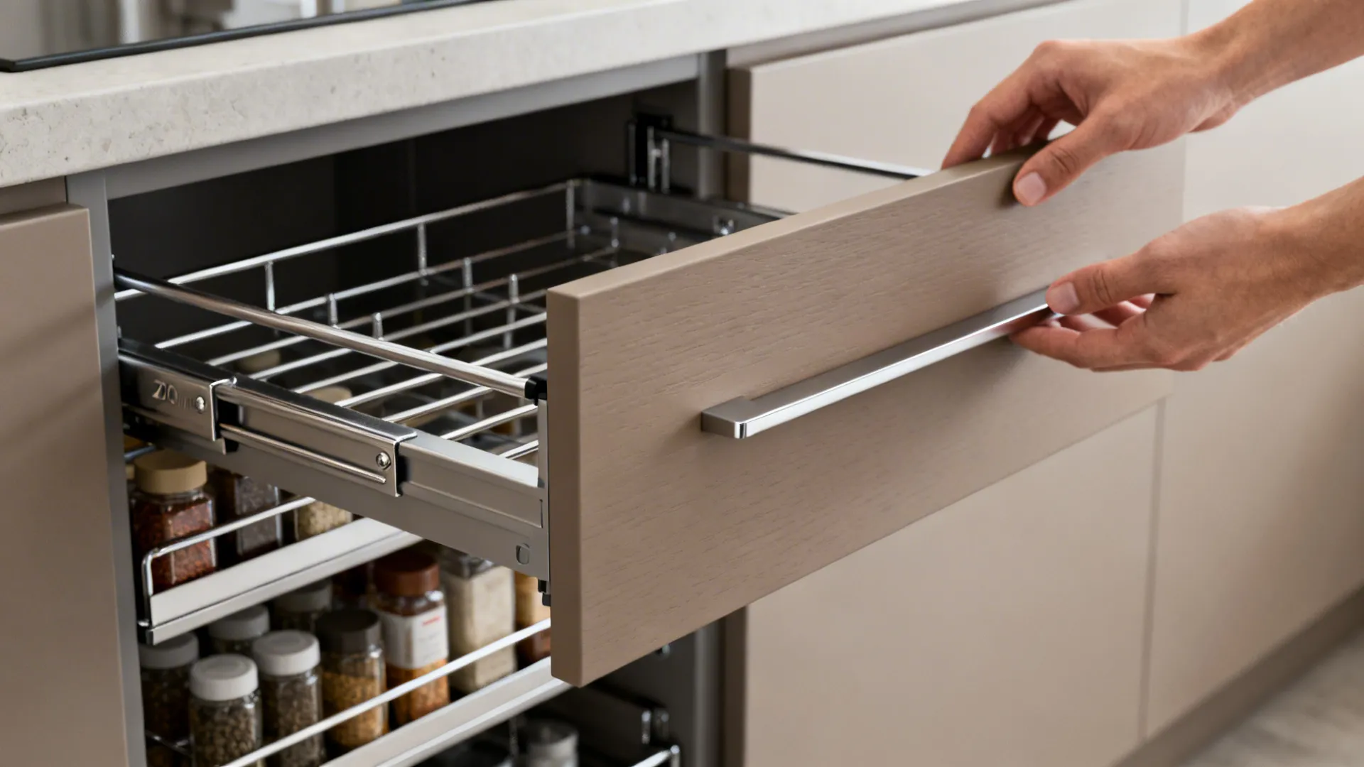 Macro of a slim pull-out pantry with organized spice racks and soft-close hardware.