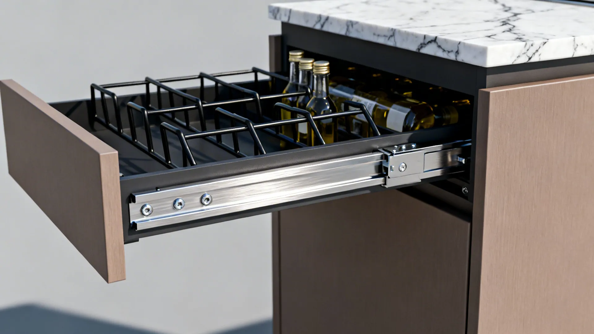 Close-up of a slim pull-out storing oil and sauce bottles in a tall unit.