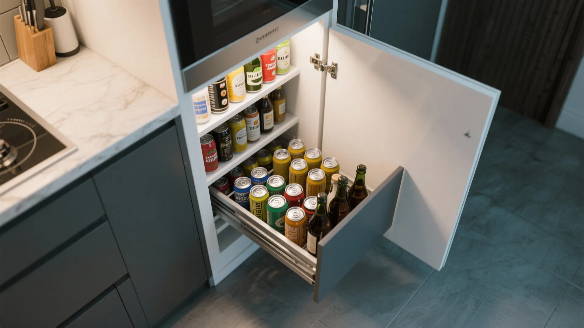 Pull out kitchen cabinet drawer filled with colorful soda cans and glass bottles for drinks storage