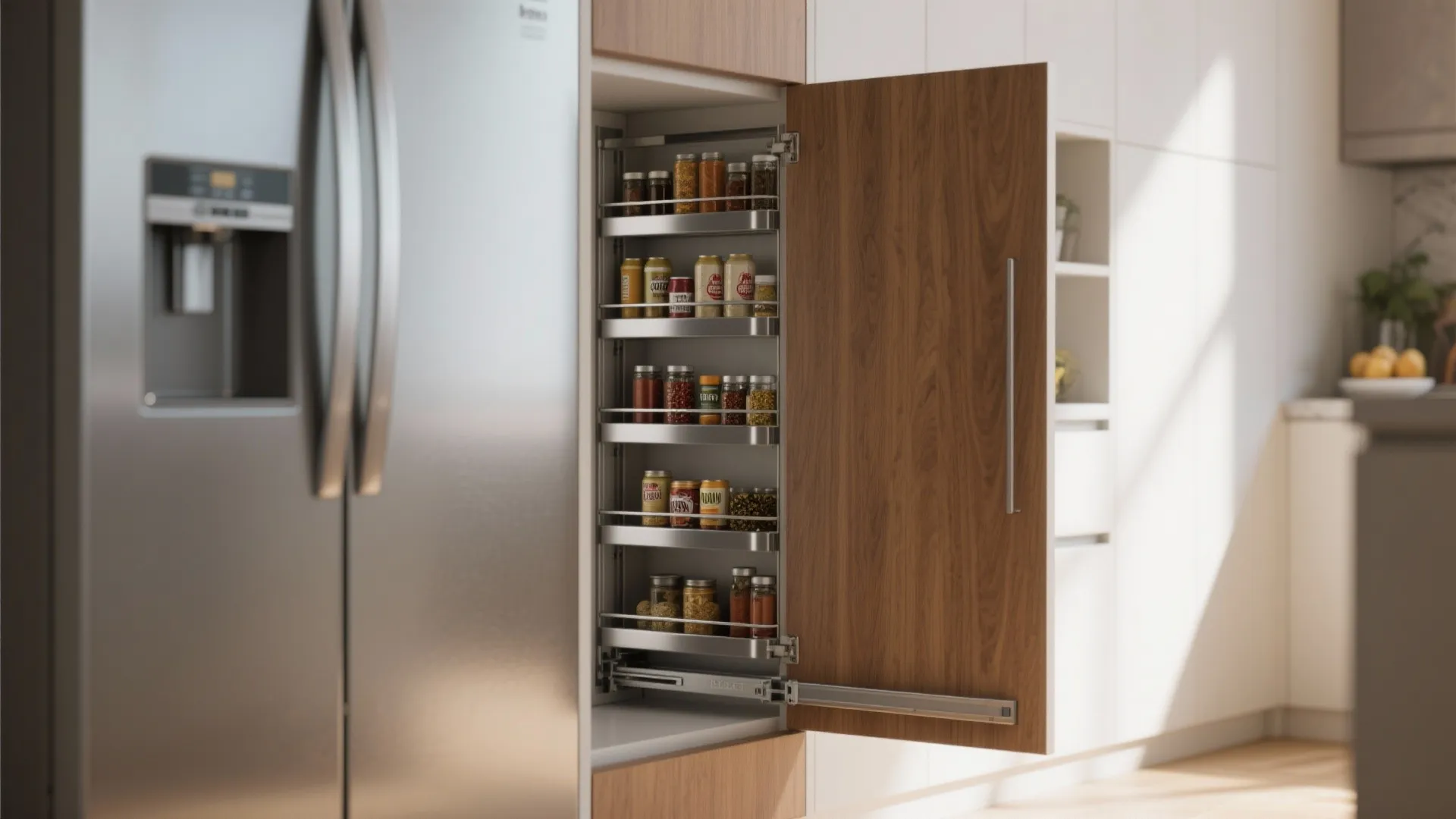 Slim pull out kitchen cabinet with wooden door showing metal shelves filled with food jars
