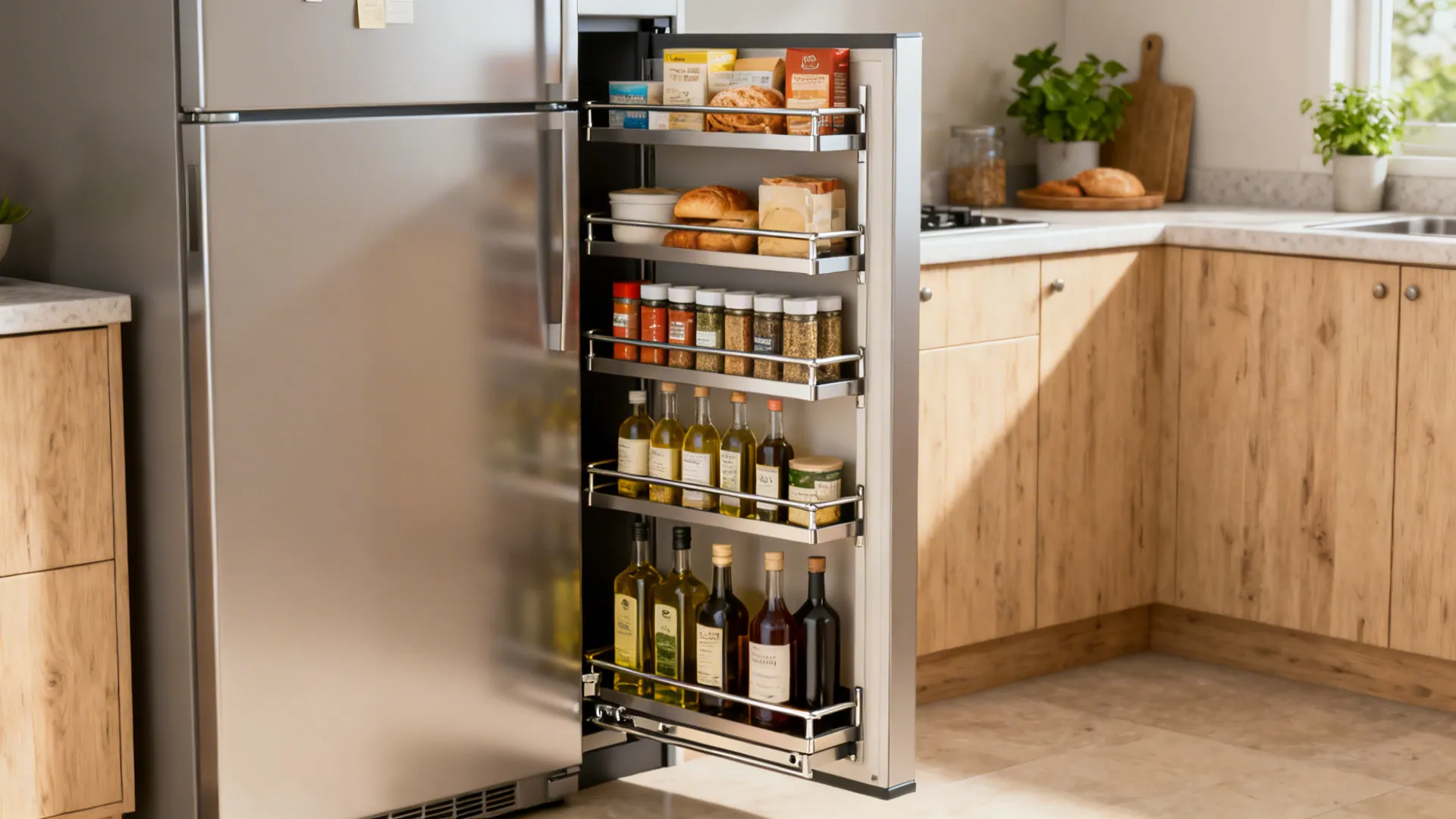 Slim pull-out pantry beside a fridge with five organized tiers for spices, oils, and baking items.
