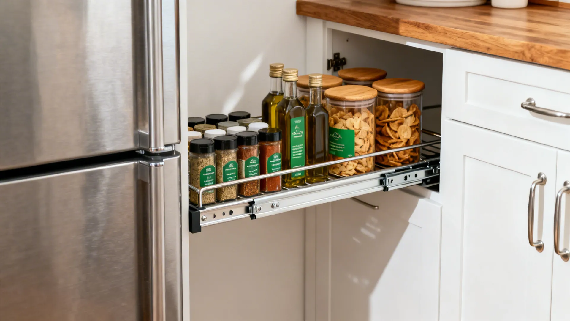 Slim pull-out pantry between fridge and wall with spices and oils on adjustable rails.