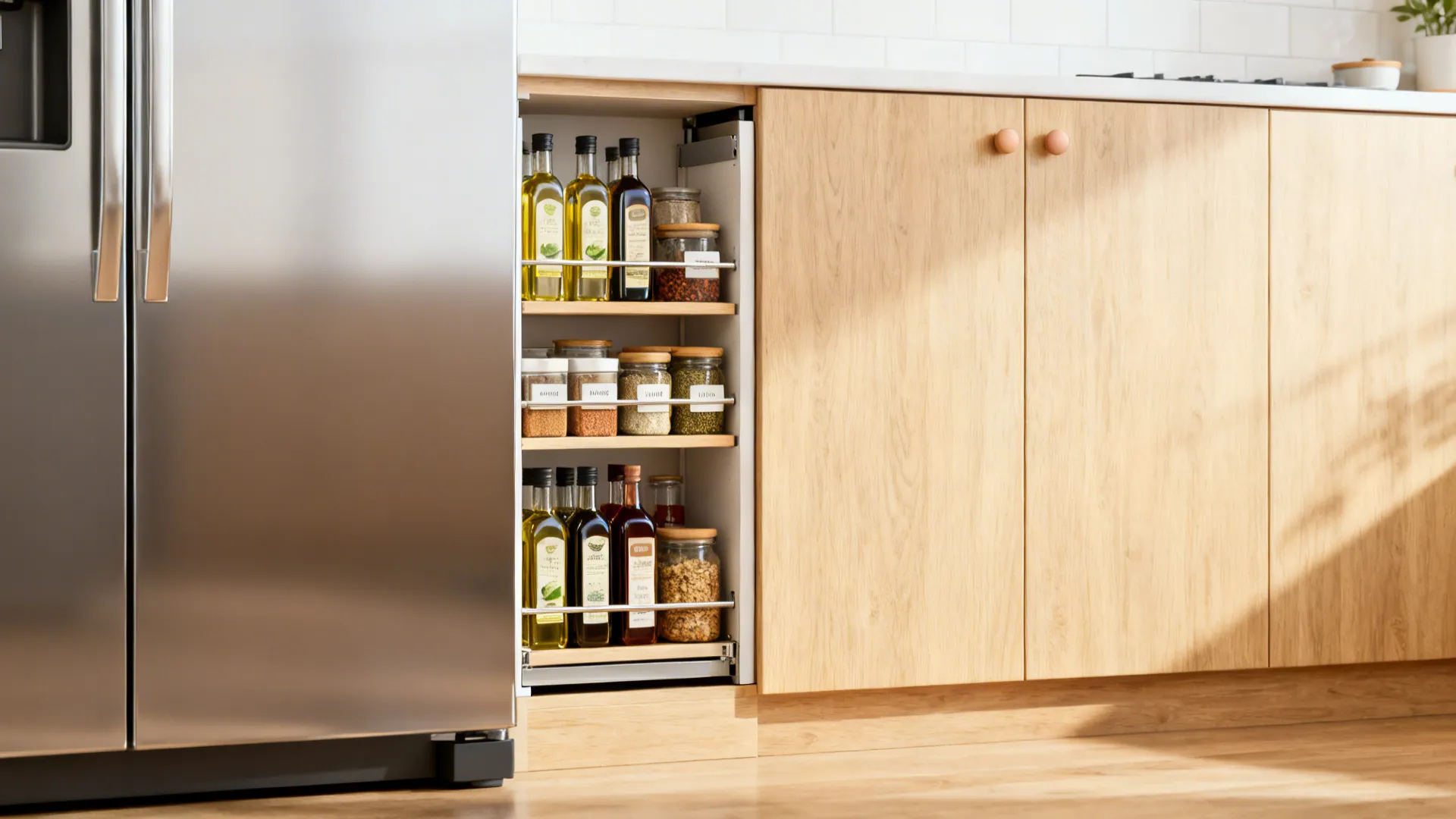 Slim pull-out pantry between a fridge and wall storing oils, spices, and jars in narrow tiers.