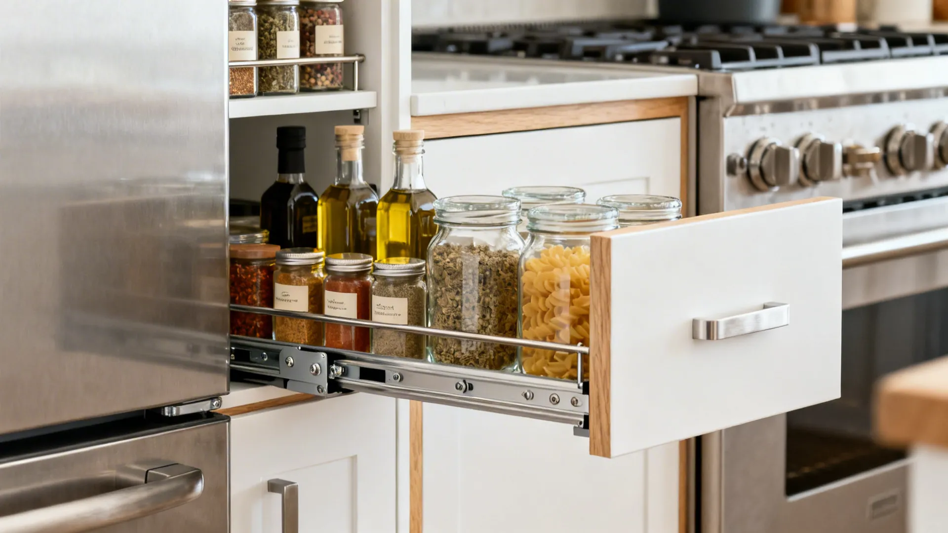 Slim pull-out pantry between appliances with spices and oils on adjustable shelves.