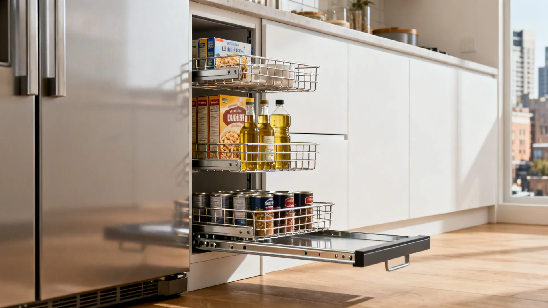 Slim full-height pull-out pantry beside a fridge with wire baskets and full-extension guides.