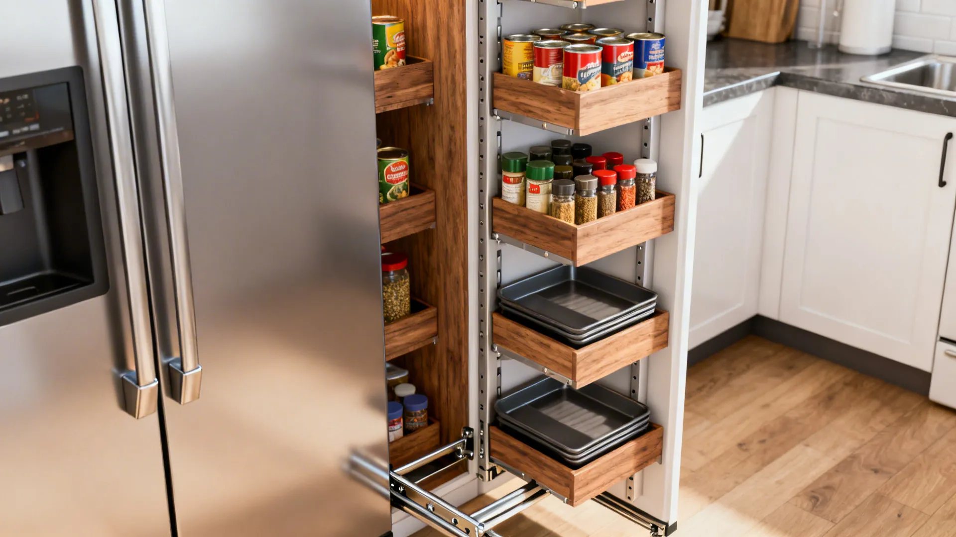 Slim full-depth pullout pantry open, showing organized cans and spices in a narrow gap.