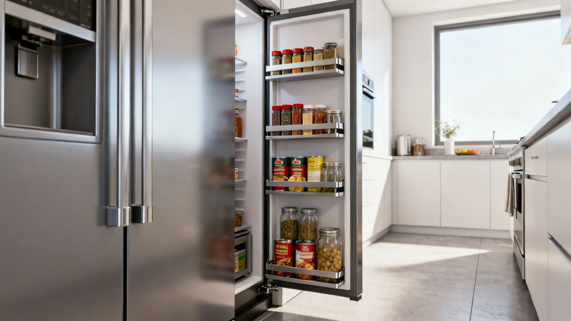Slim pull-out pantry beside a refrigerator with organized shelves