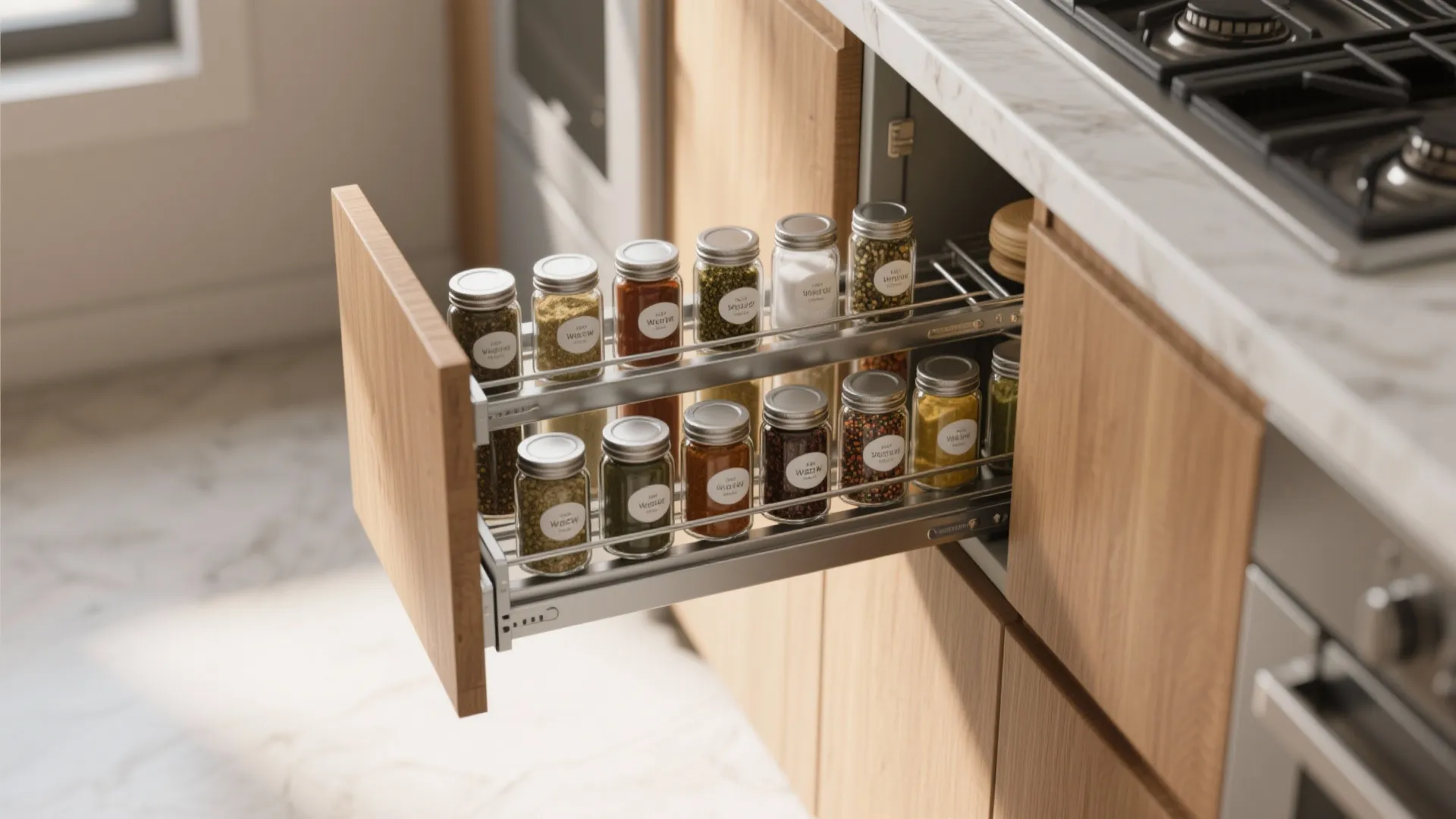 Slim pull-out spice rack extended from a narrow cabinet gap showing jars and sliding rails.