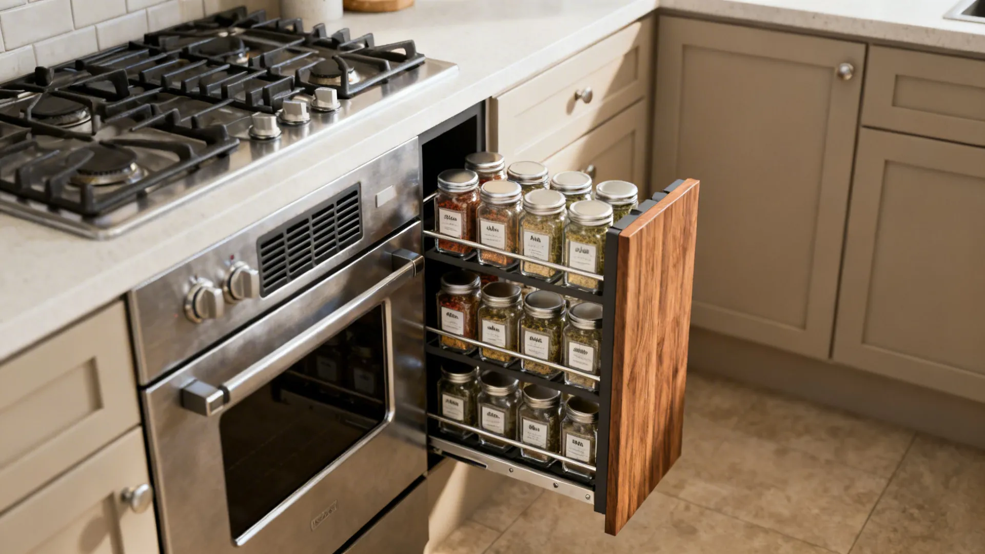 Slim pull-out pantry beside the range with labeled spice jars in a small kitchen.