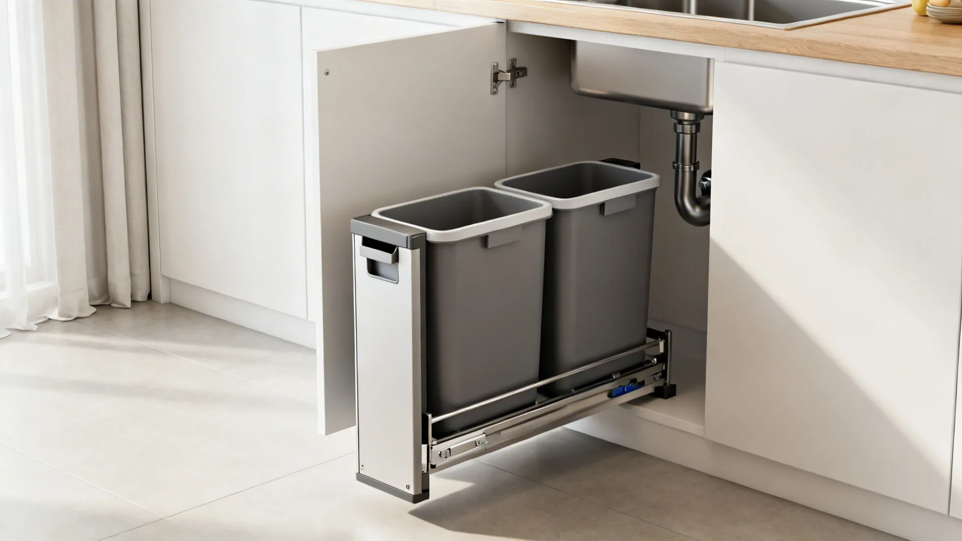 Narrow pull-out trash and recycling bin installed beside plumbing for space-efficient waste storage.
