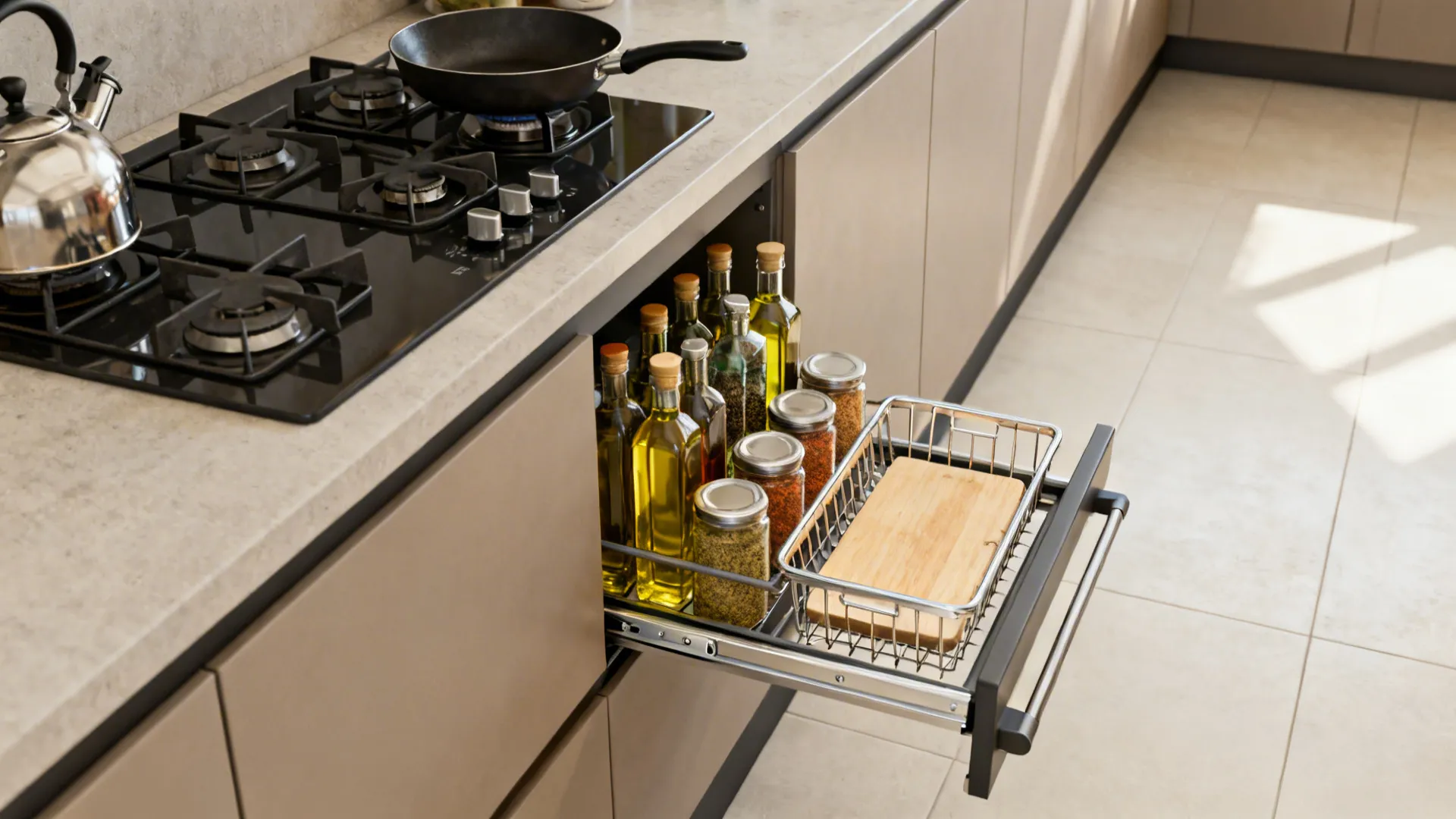 Modern kitchen cabinet with pull out metal rack holding oil bottles and small spice jars