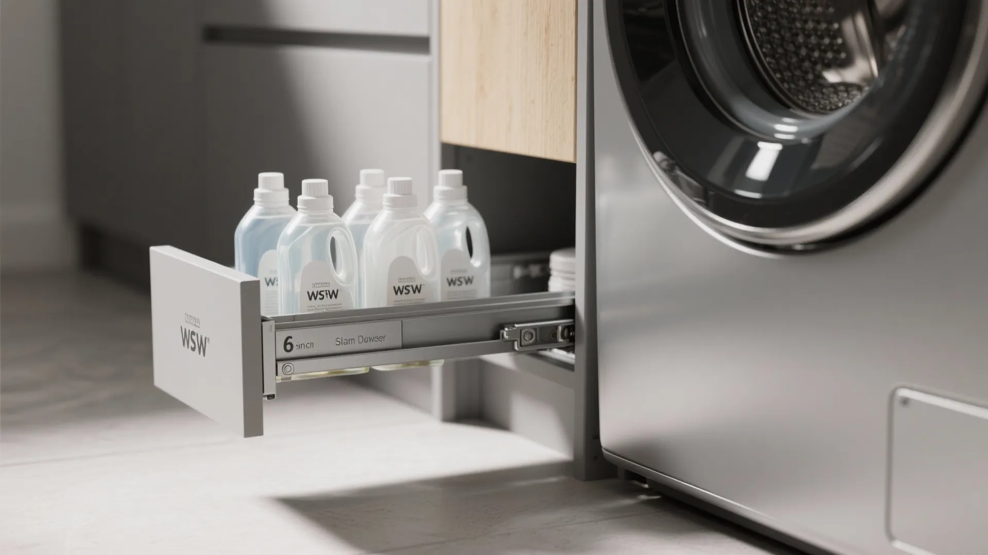 Close up of a slim pullout cabinet drawer holding several clear detergent bottles in laundry room