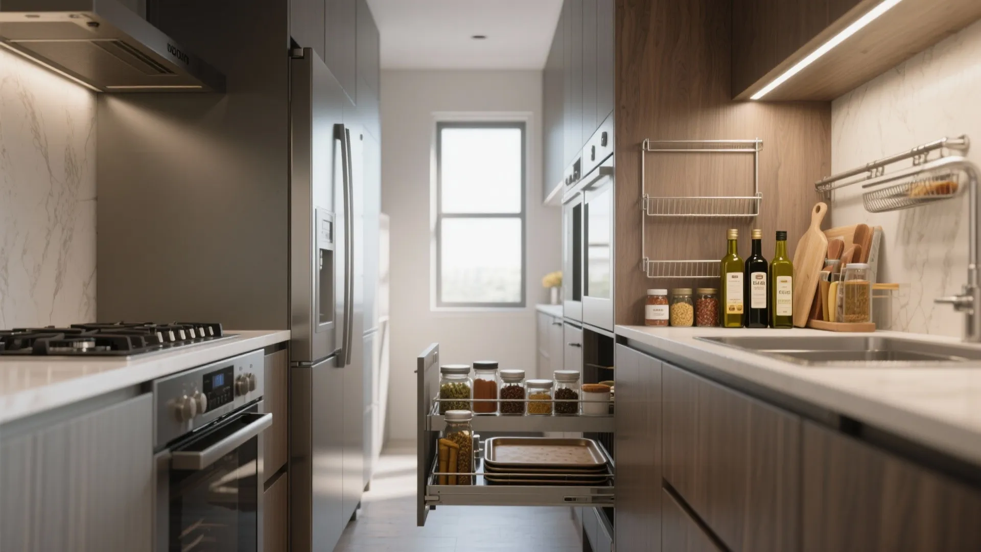 Modern kitchen with slim pull out rack holding spice jars and glass bottles of oil