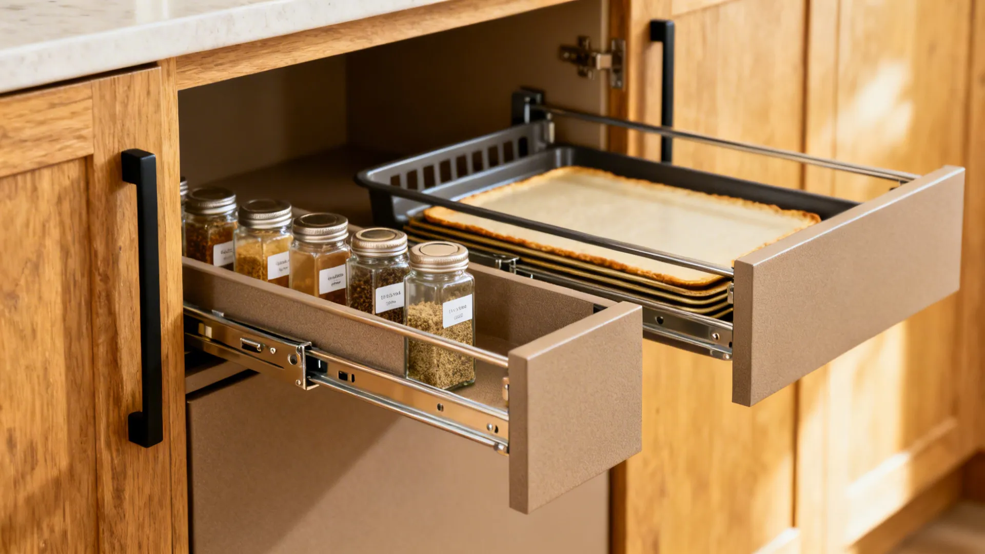 Slim pull-out spice and tray organizers on full-extension slides inside a matte almirah.