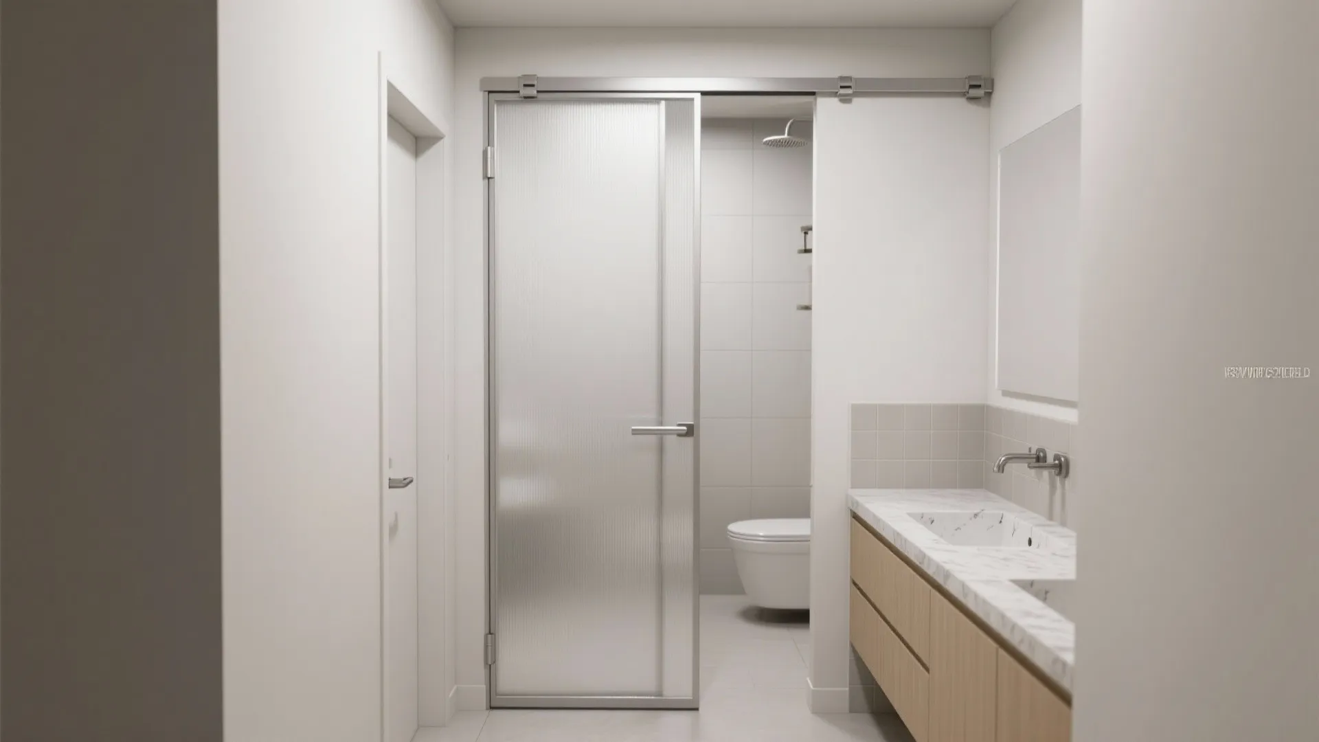 Modern bathroom with frosted glass sliding door marble sink counter wooden cabinets and white toilet