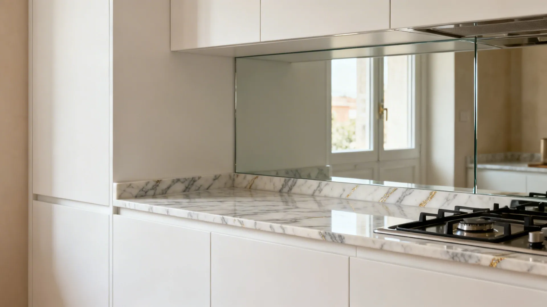 2) Calacatta-inspired countertops with soft veining