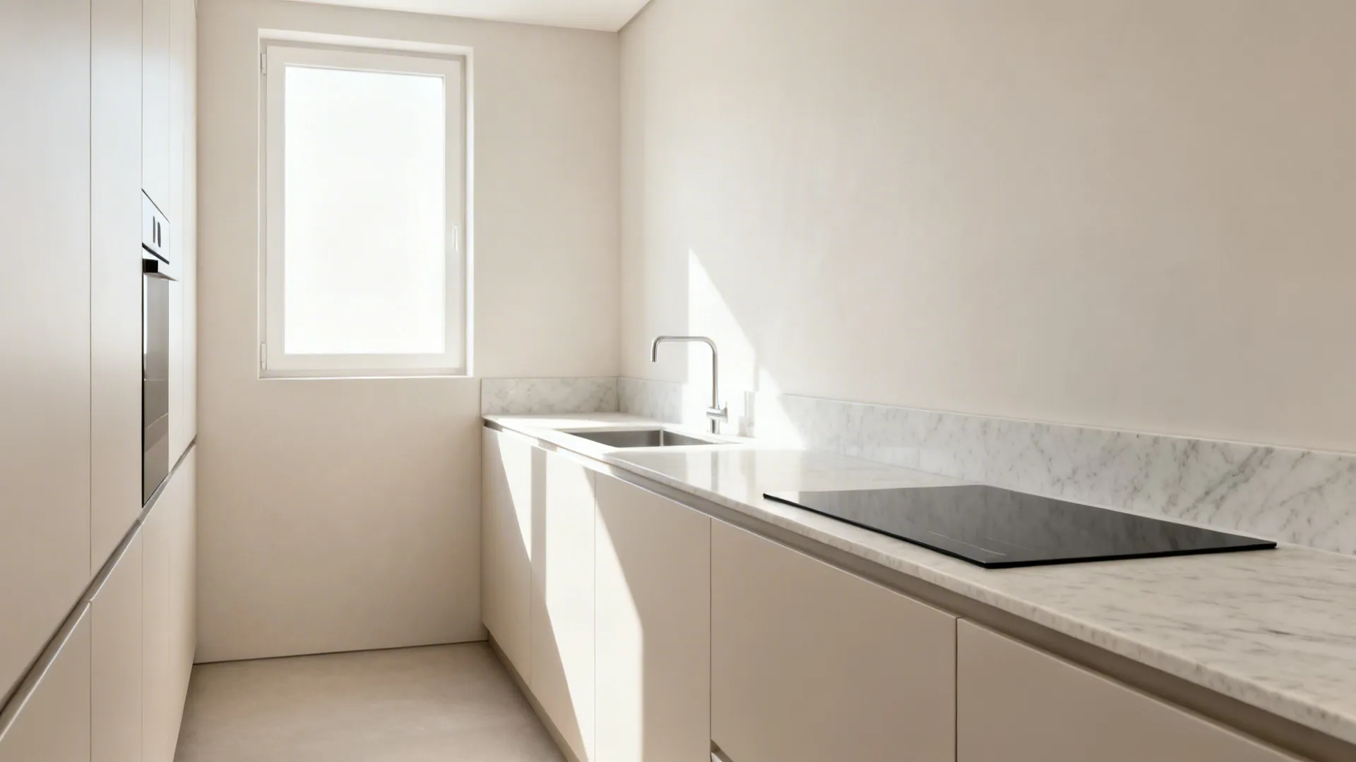 Slim-edge quartz countertop with subtle veining in a bright minimalist kitchen.