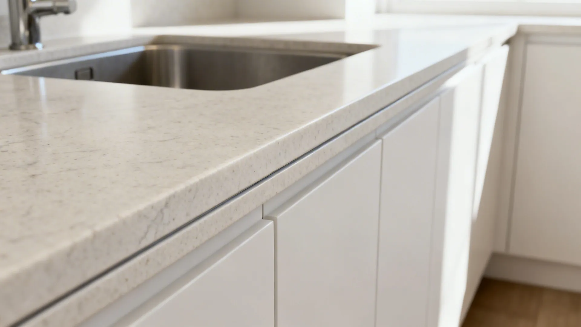 Close up of thin white marble kitchen counter edge with white cabinets and stainless sink