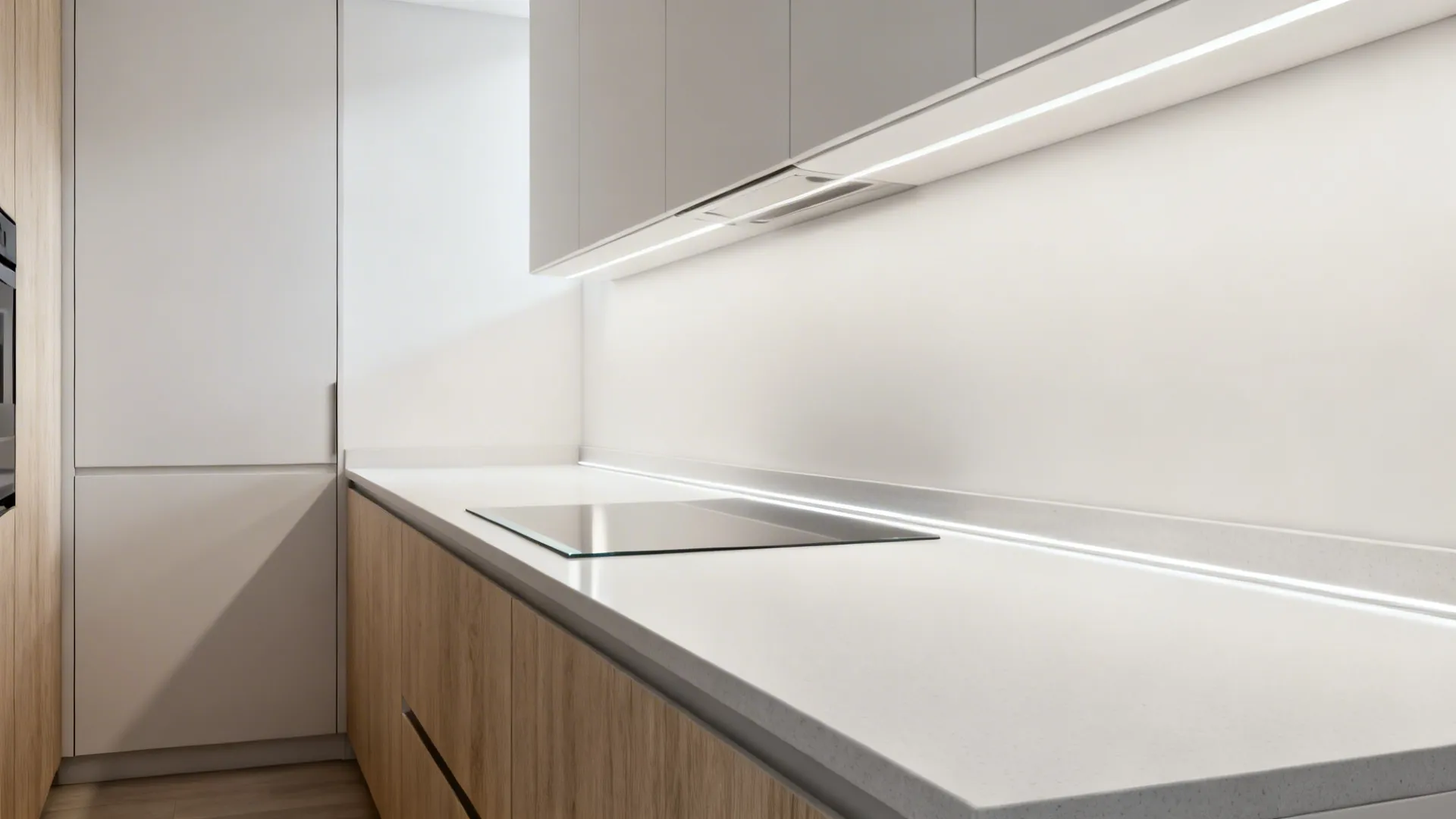 Minimalist small kitchen with 20 mm slim-profile quartz and handleless cabinets.