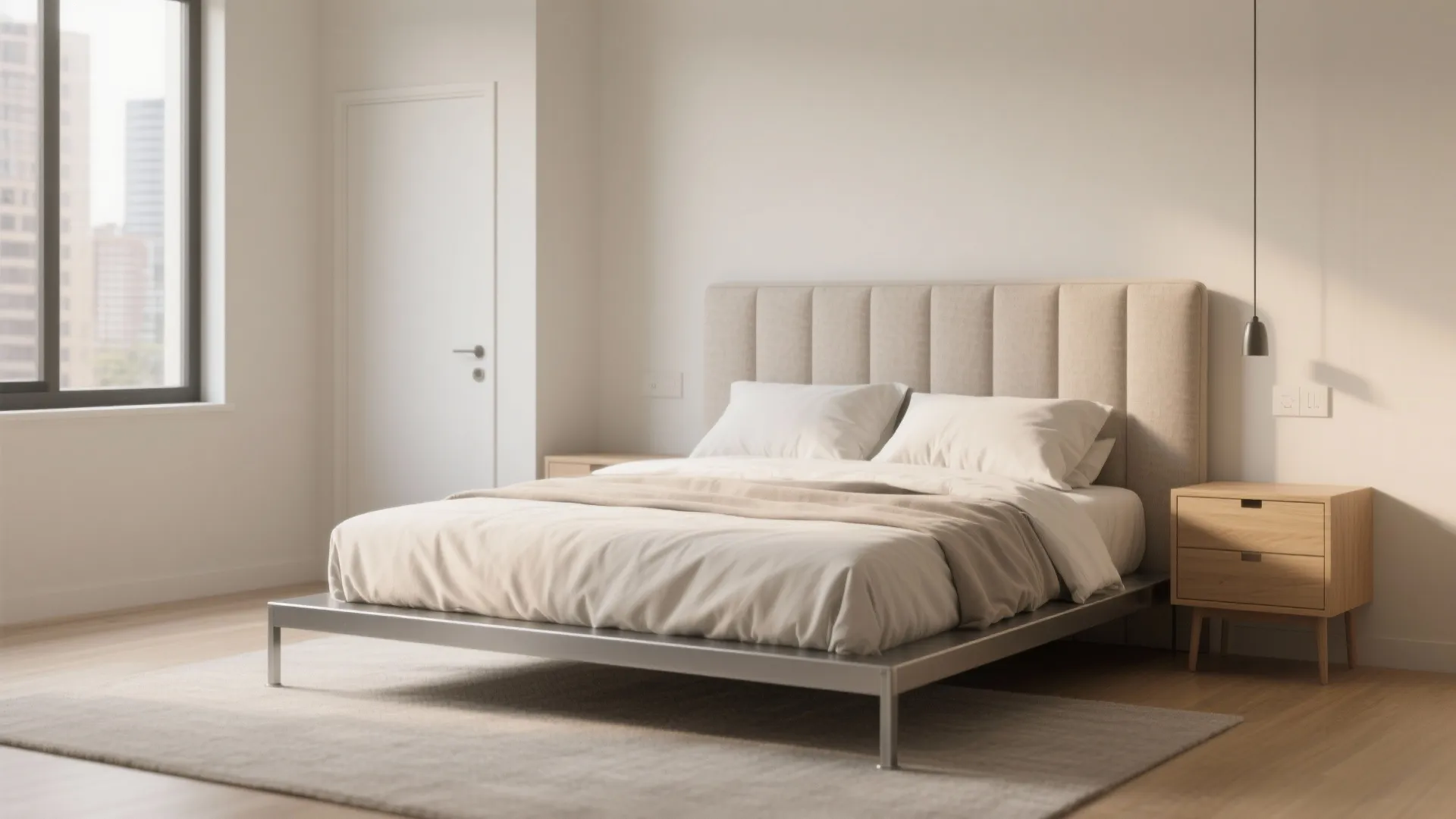 Small bedroom with a slim upholstered headboard and low-profile queen platform preserving a clear walkway.