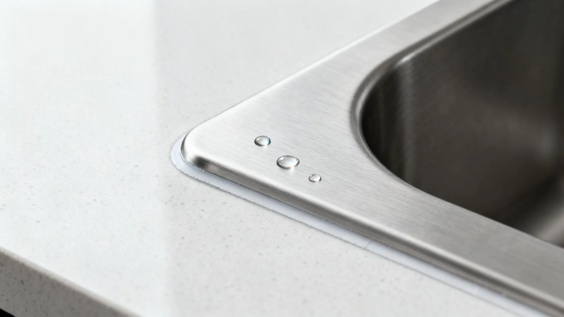 Macro of a stainless sink’s slim-radius interior corner and quartz seam.