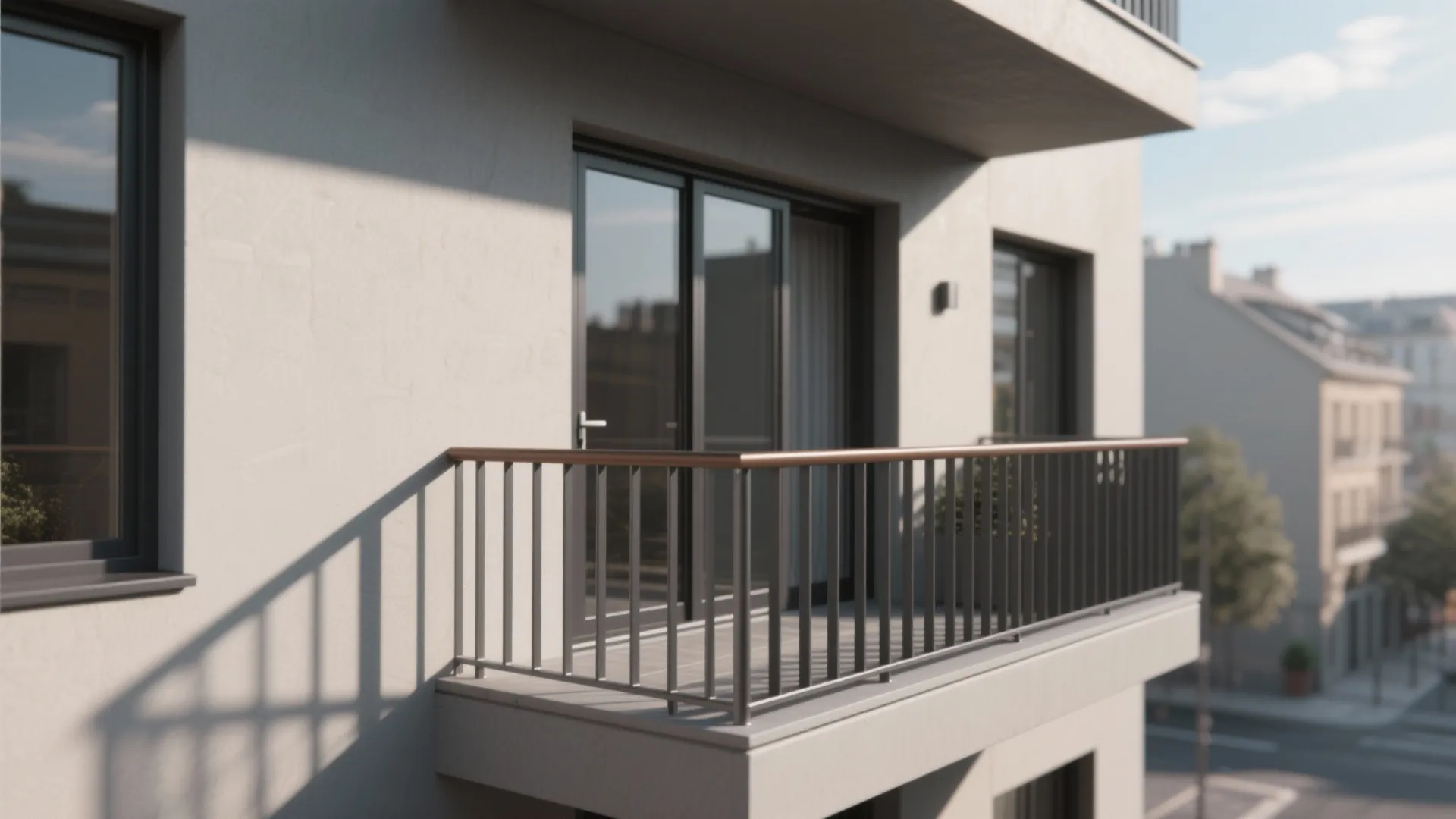 Modern balcony with metal railings and wooden top rail glass sliding doors and white exterior walls